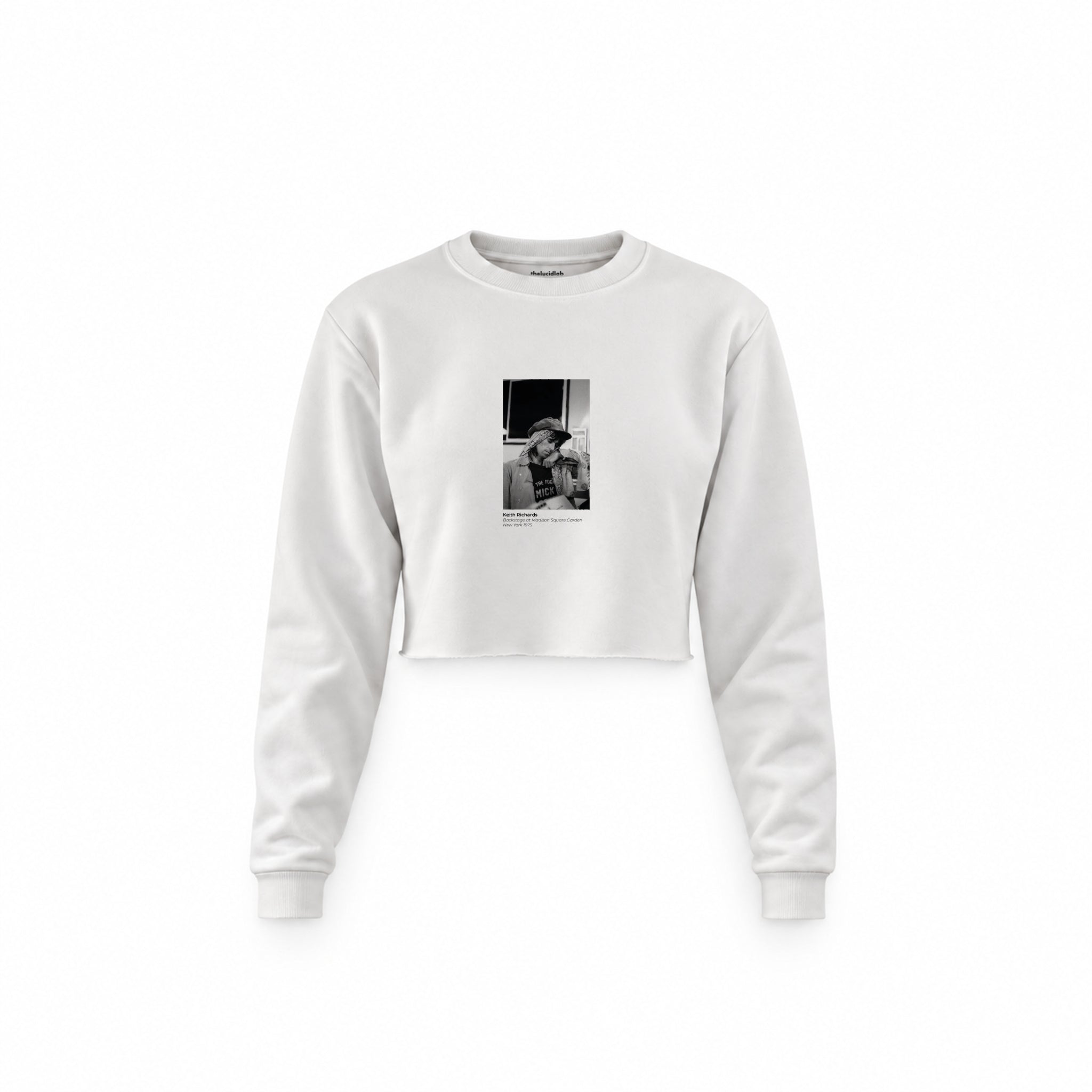 Keith Richards backstage at Madison Square Garden New York 1975 Crop Sweatshirt — Beyaz — Ön baskı