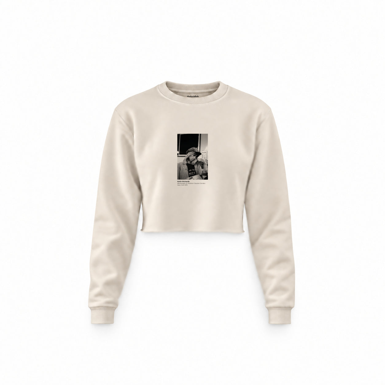 Keith Richards backstage at Madison Square Garden New York 1975 Crop Sweatshirt — Krem — Ön baskı