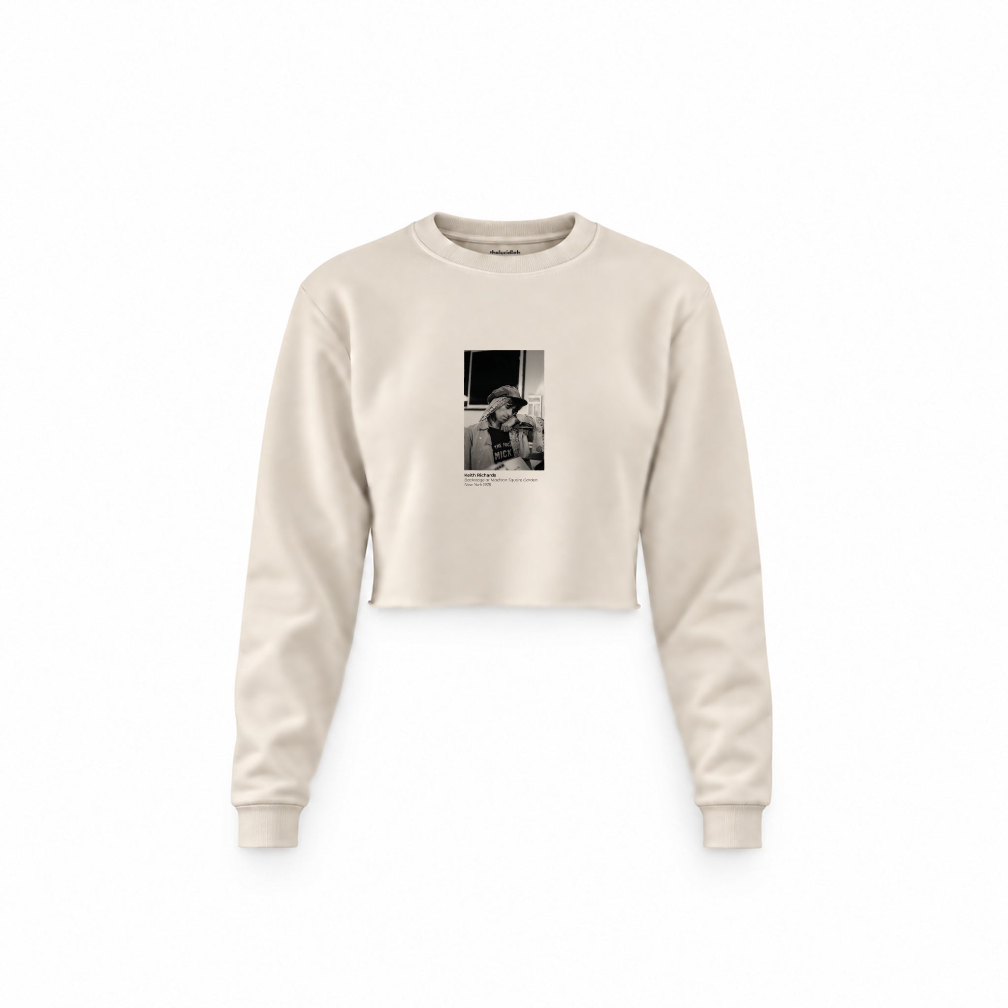 Keith Richards backstage at Madison Square Garden New York 1975 Crop Sweatshirt — Krem — Ön baskı