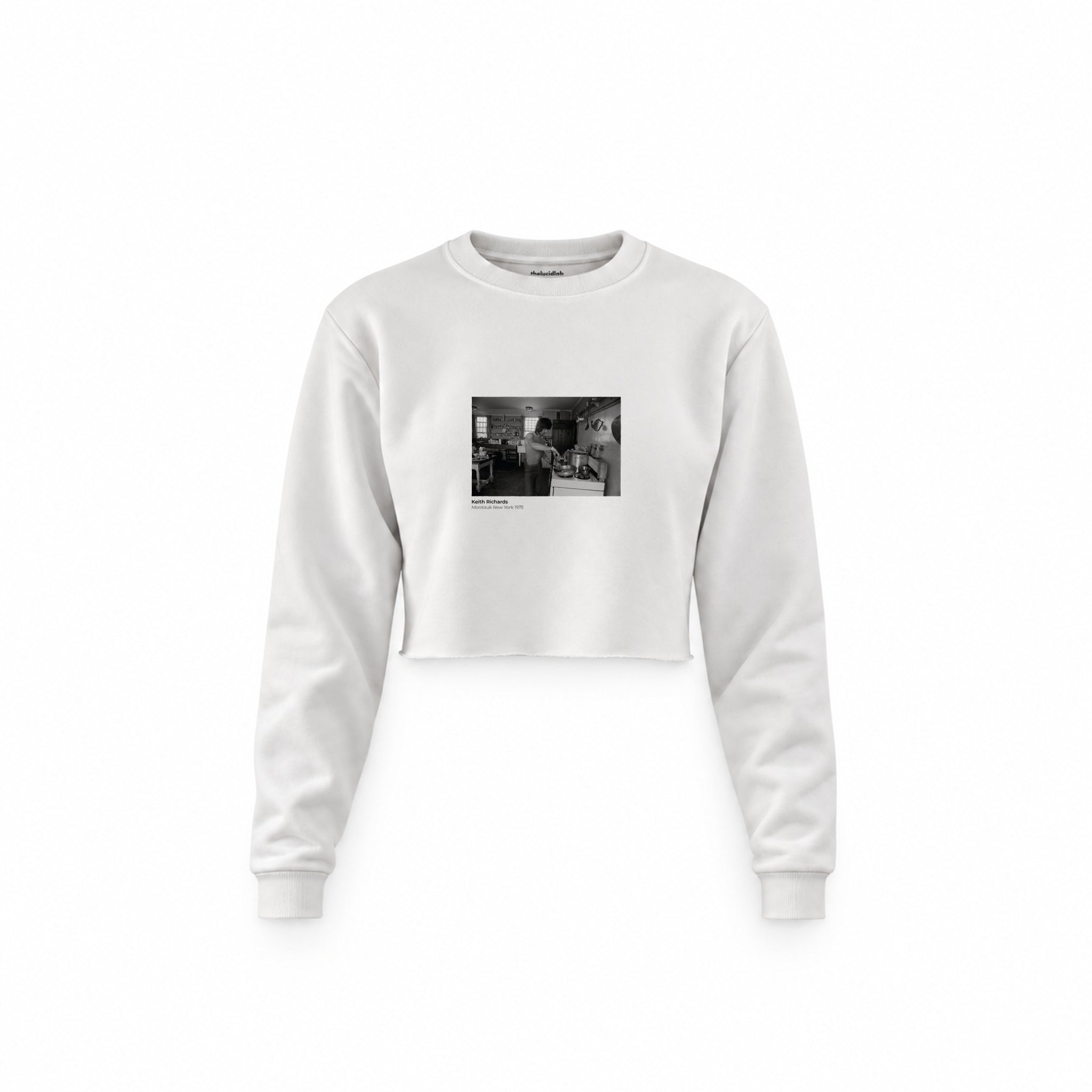 Keith Richards Montauk New York 1975 Crop Sweatshirt — Beyaz — Ön baskı