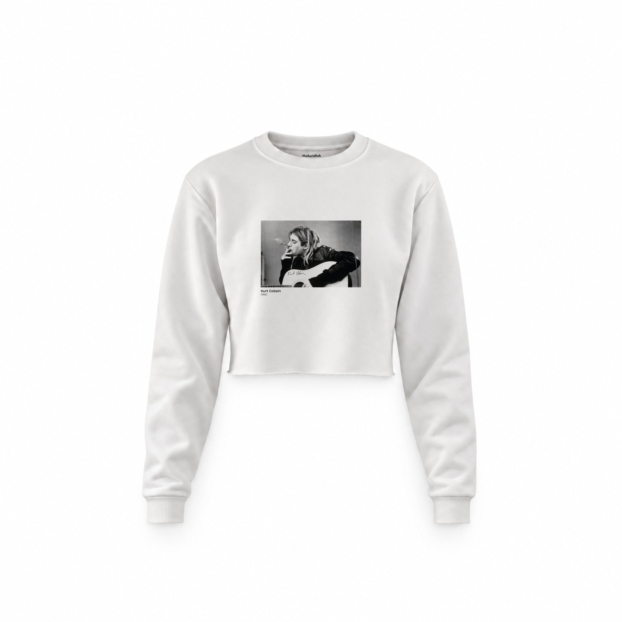 Kurt Cobain 1990 Crop Sweatshirt — Beyaz — Ön baskı