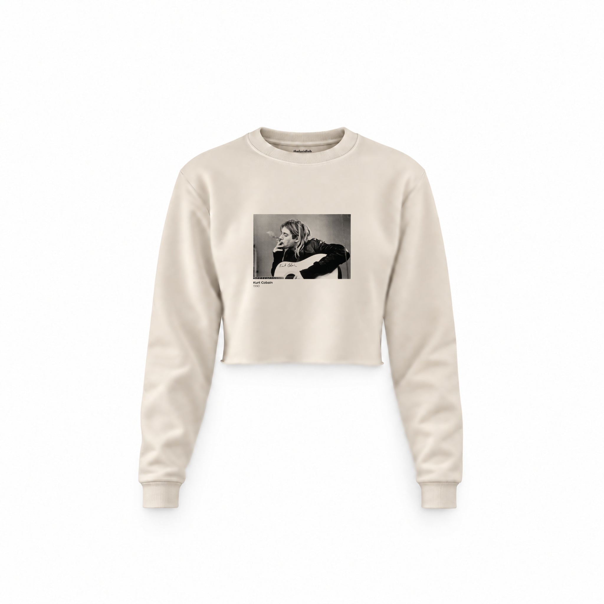 Kurt Cobain 1990 Crop Sweatshirt — Krem — Ön baskı