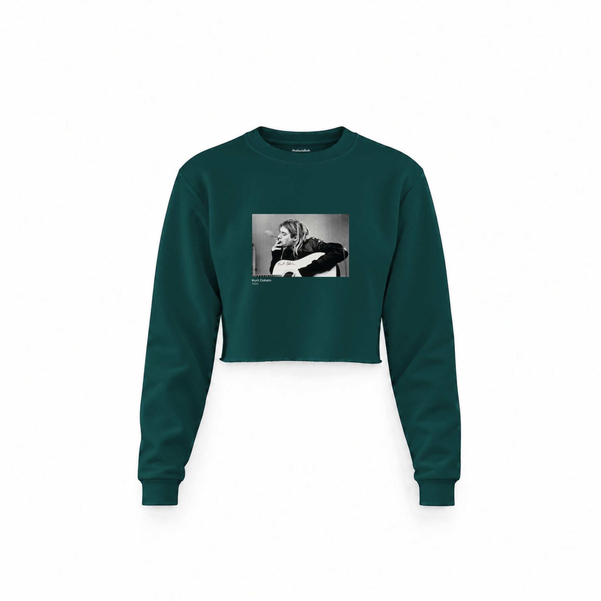 Kurt Cobain 1990 Crop Sweatshirt — Koyu Yeşil — Ön baskı
