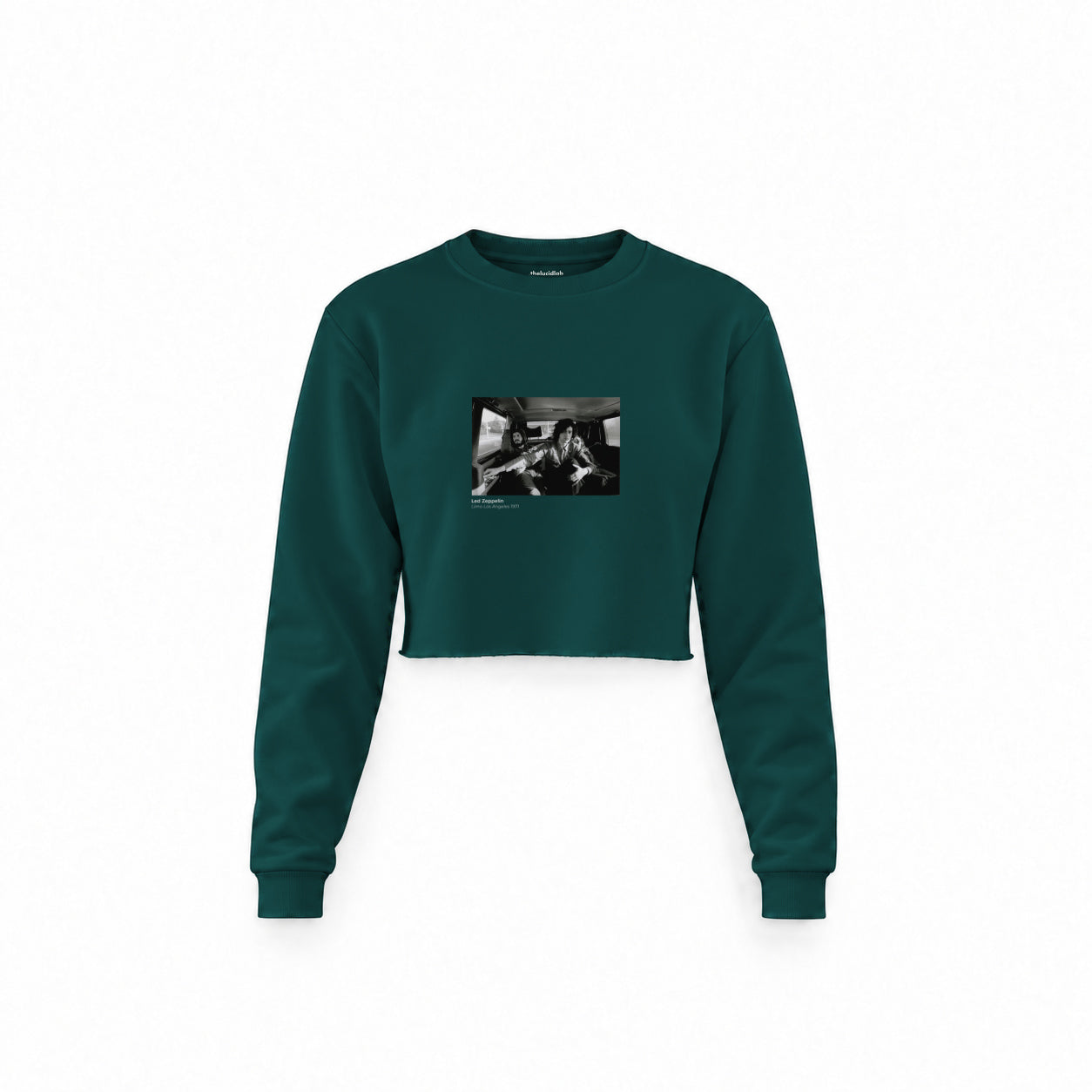 Led Zeppelin Limo Los Angeles 1971 Crop Sweatshirt — Koyu Yeşil — Ön baskı