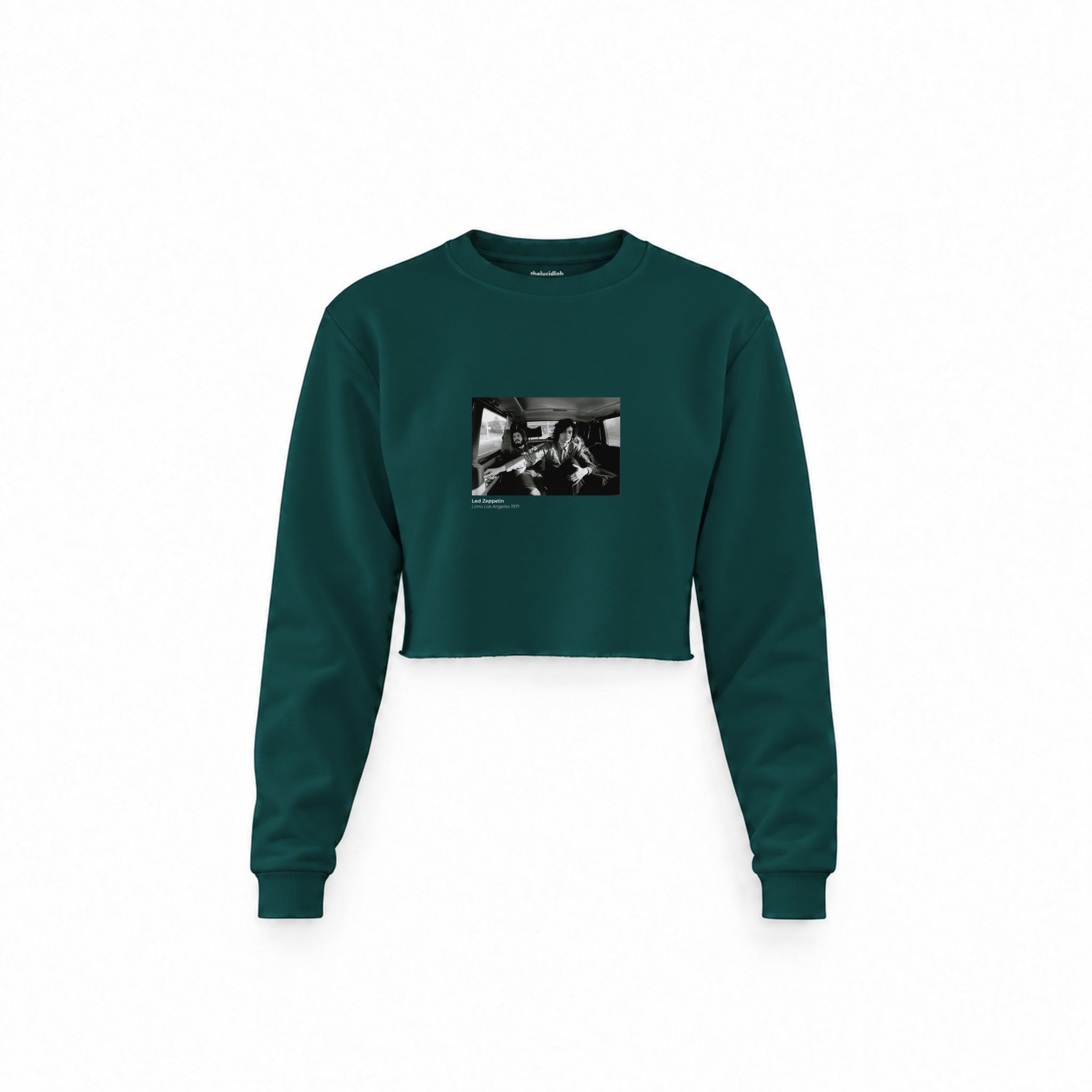 Led Zeppelin Limo Los Angeles 1971 Crop Sweatshirt — Koyu Yeşil — Ön baskı