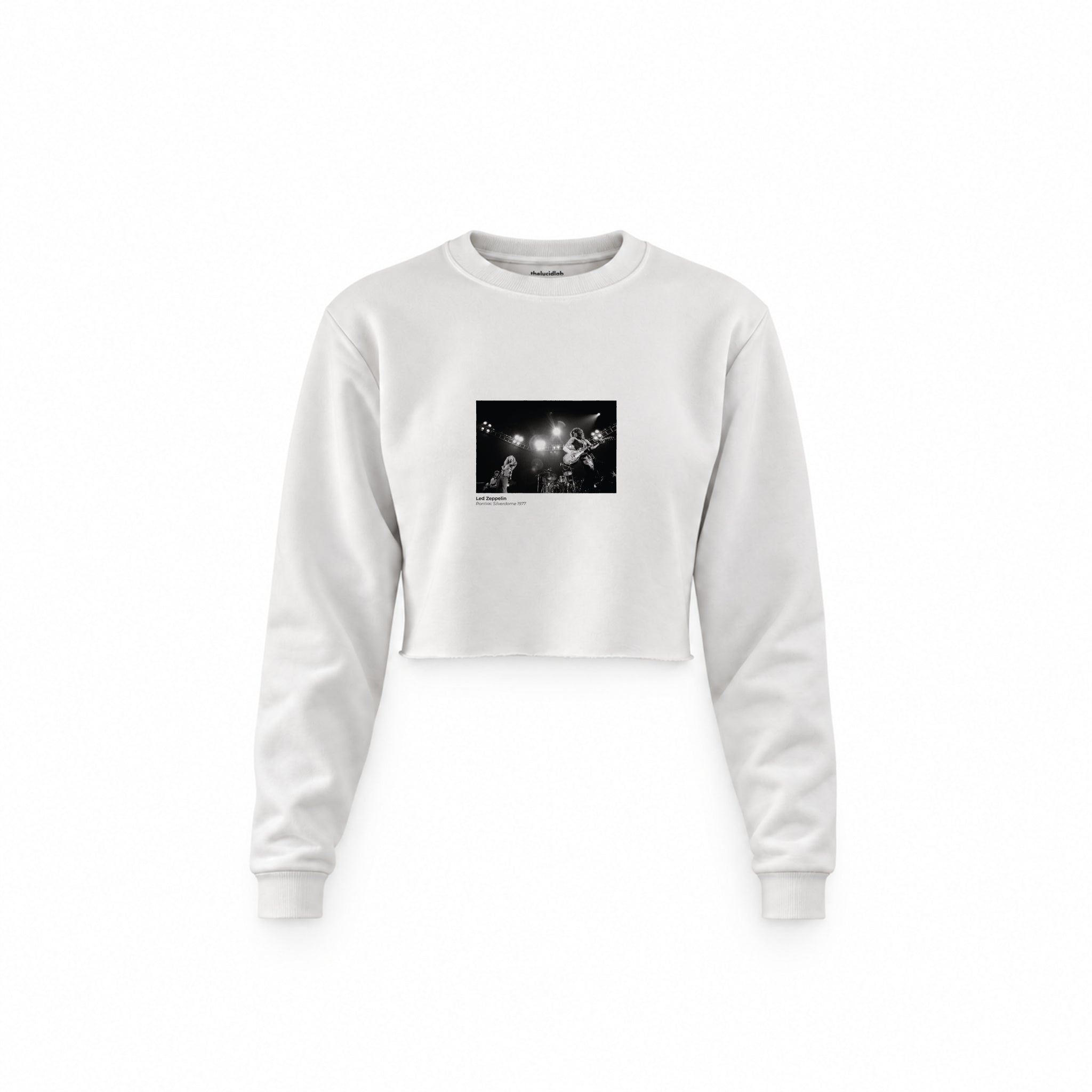 Led Zeppelin Pontiac Silverdome 1977 Crop Sweatshirt — Beyaz — Ön baskı