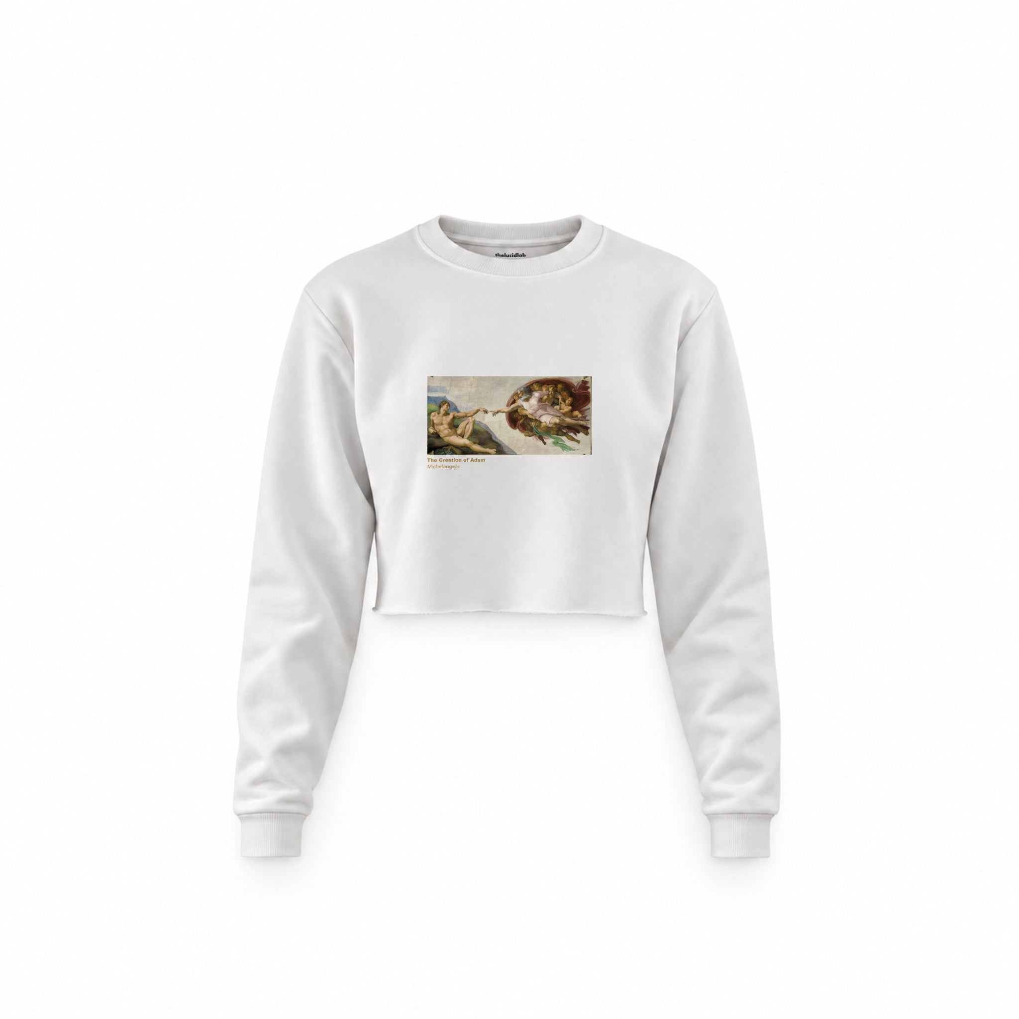 The Creation Crop Sweatshirt — Beyaz — Ön baskı