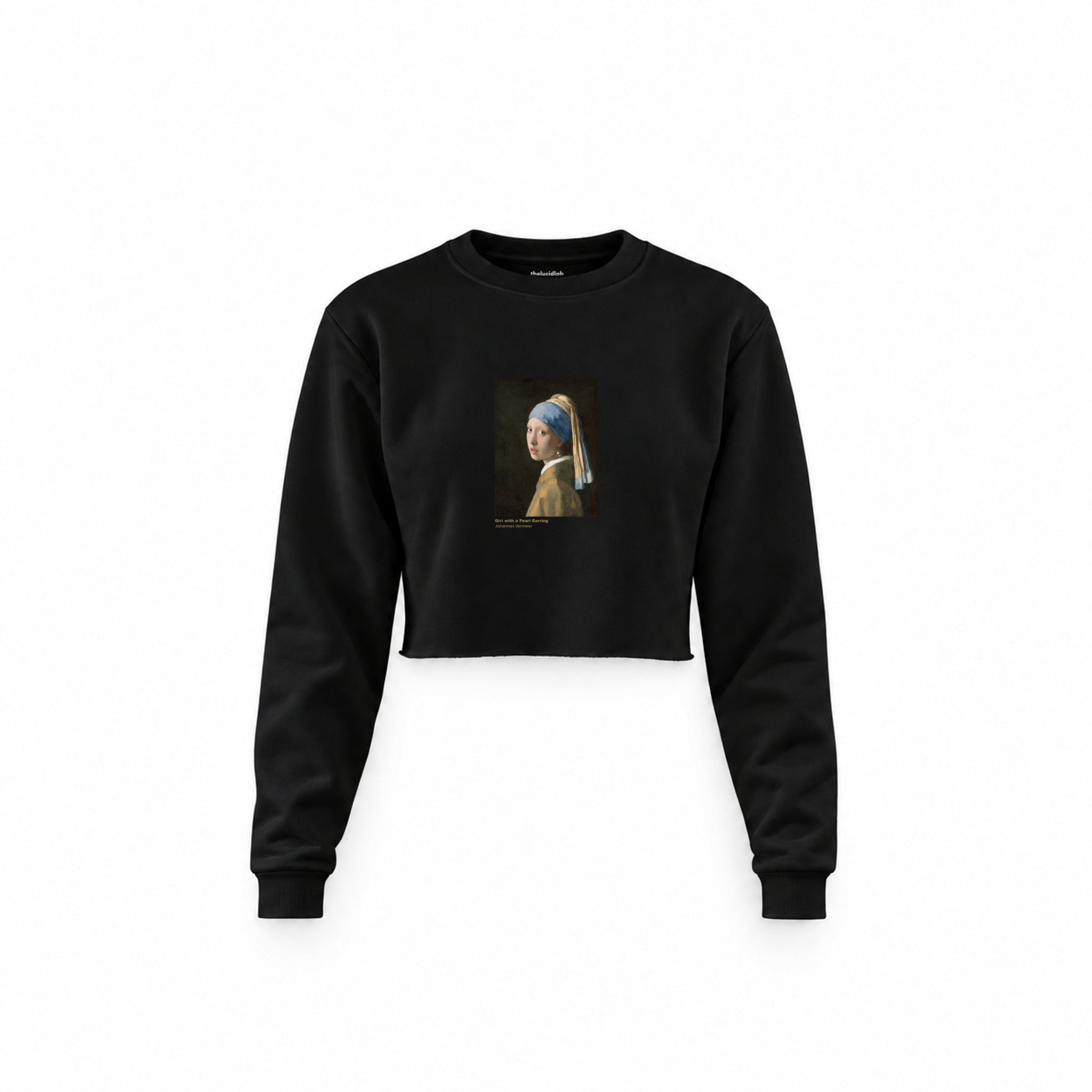 İnci Küpeli Kız Crop Sweatshirt — Siyah — Ön baskı