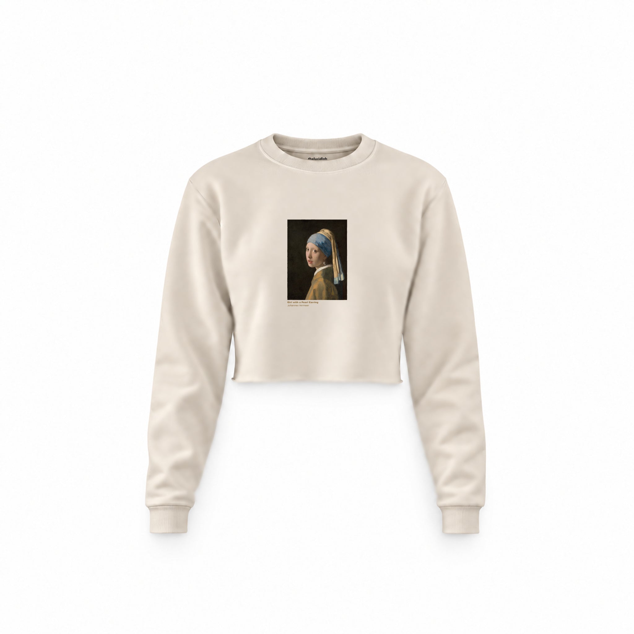 İnci Küpeli Kız Crop Sweatshirt — Krem — Ön baskı