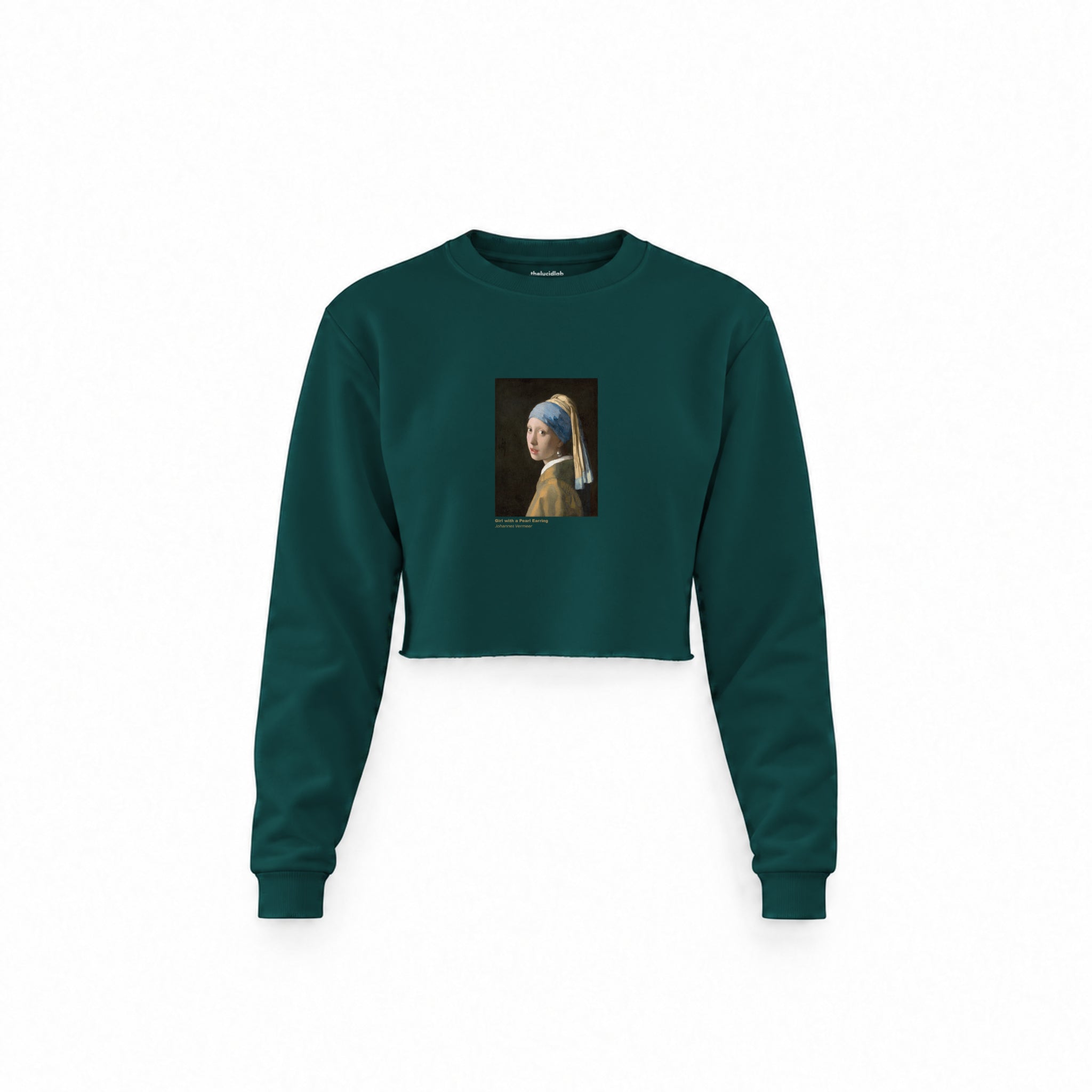 İnci Küpeli Kız Crop Sweatshirt — Koyu Yeşil — Ön baskı