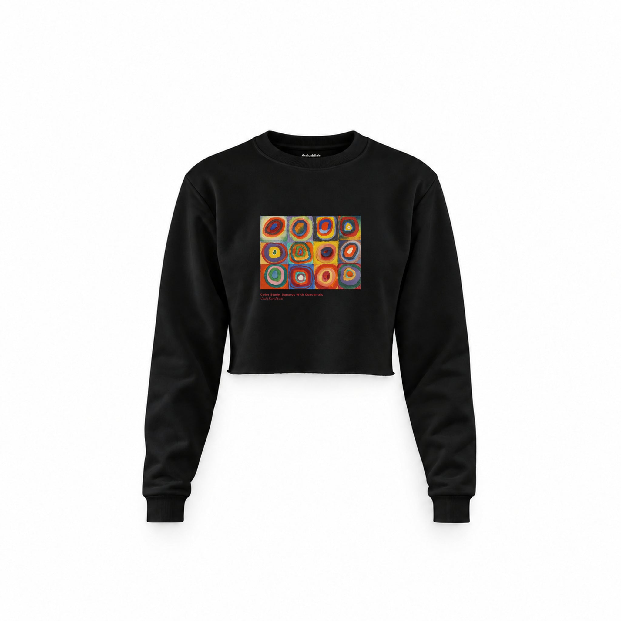 Color Study, Squares With Concentric Circles Crop Sweatshirt — Siyah — Ön baskı