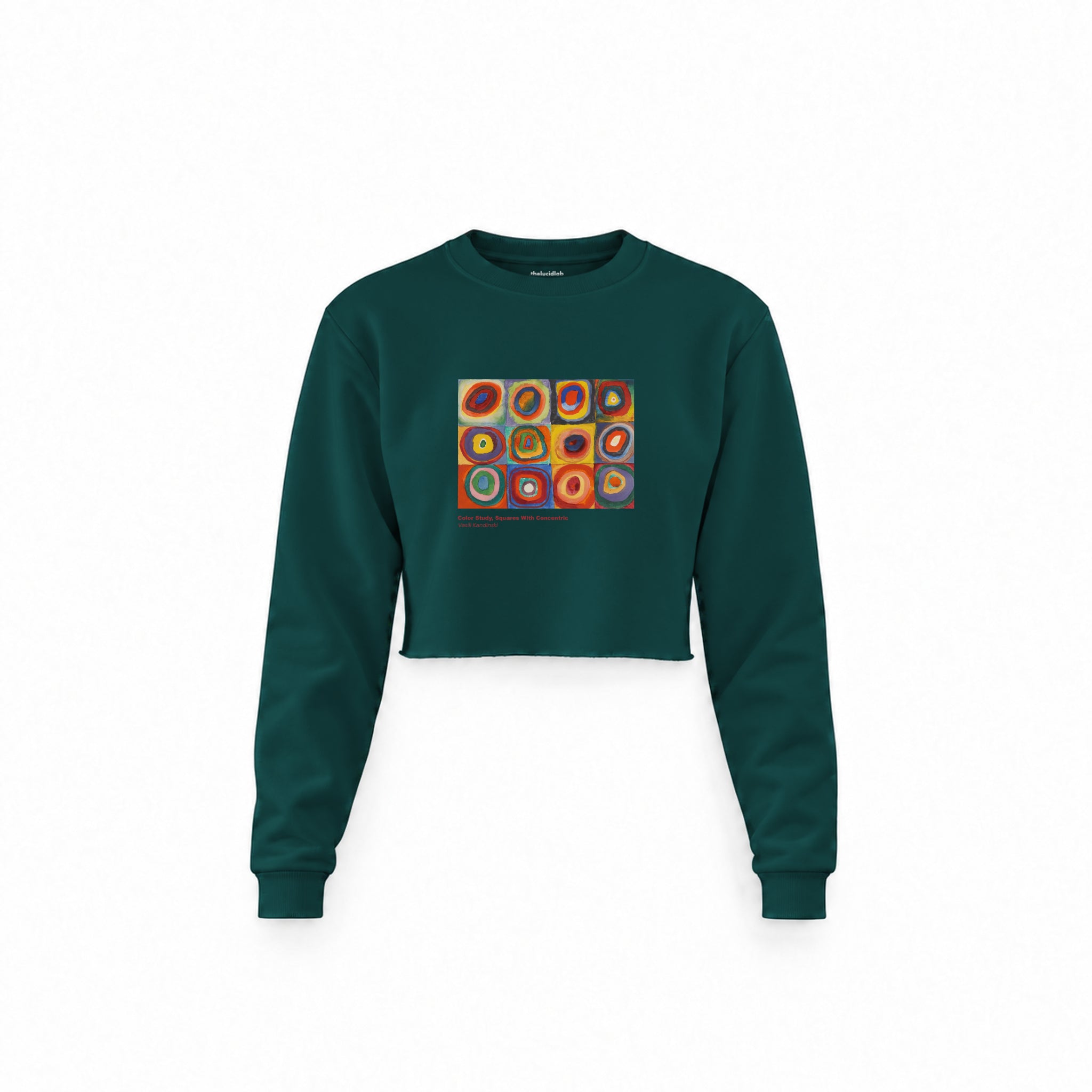 Color Study, Squares With Concentric Circles Crop Sweatshirt — Koyu Yeşil — Ön baskı