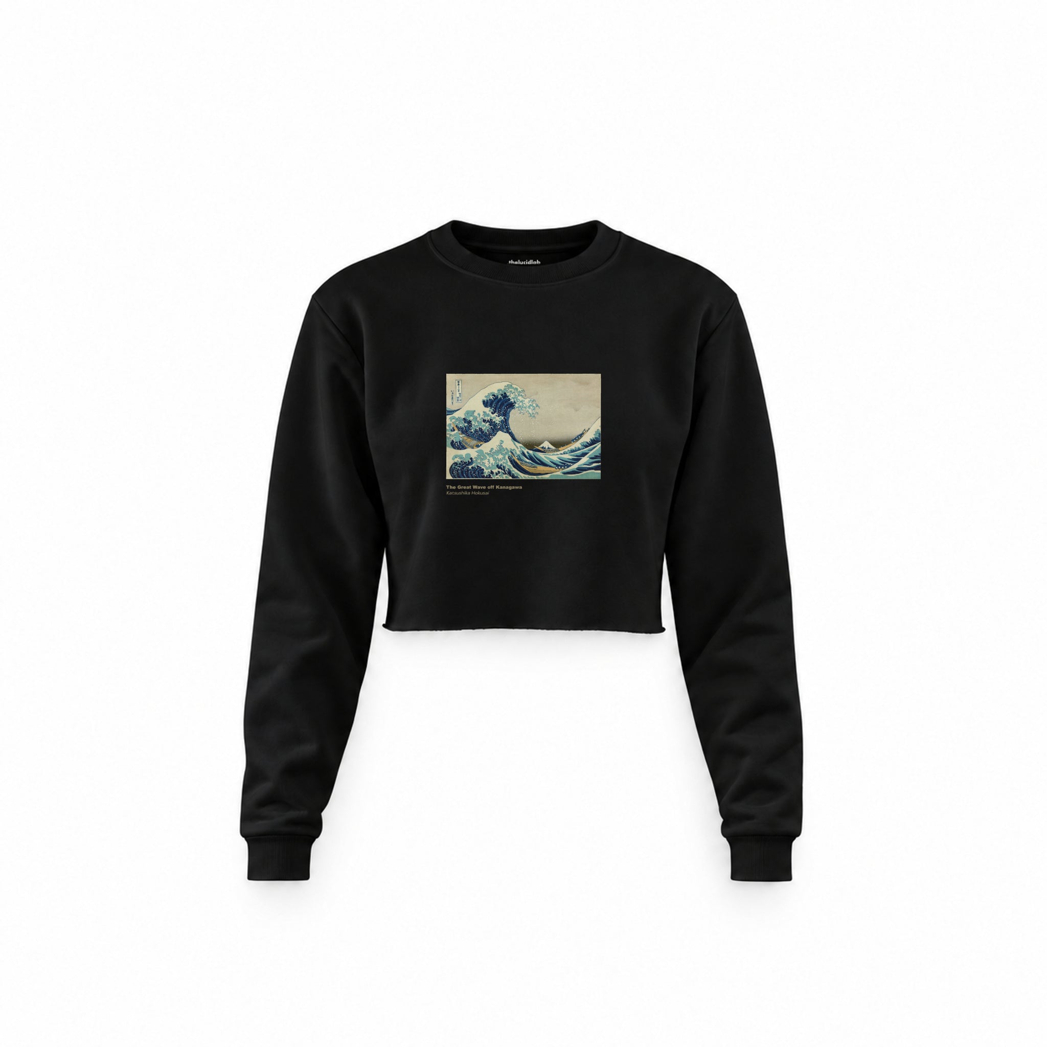 Kanagawa Oki Nami Ura Crop Sweatshirt — Siyah — Ön baskı
