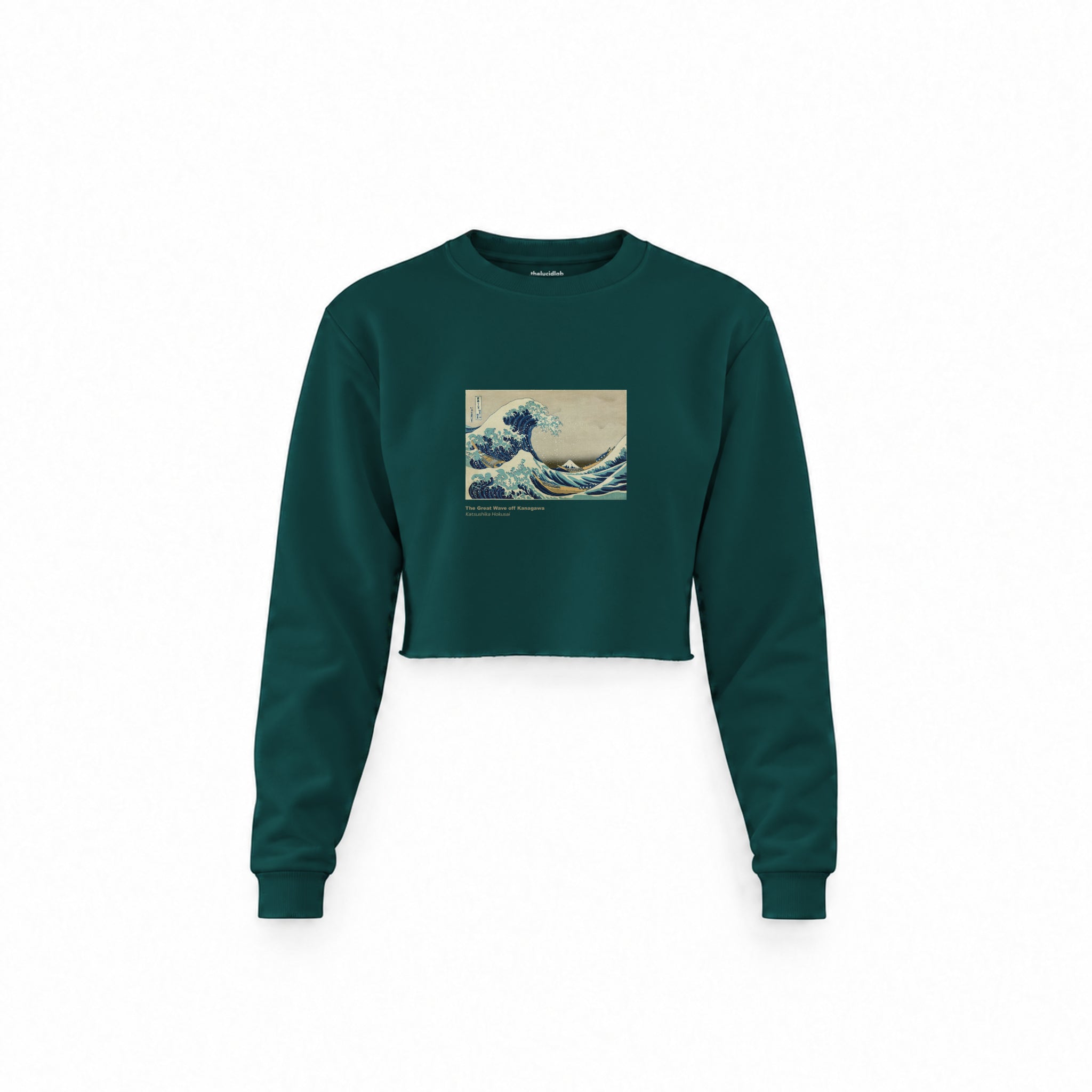 Kanagawa Oki Nami Ura Crop Sweatshirt — Koyu Yeşil — Ön baskı