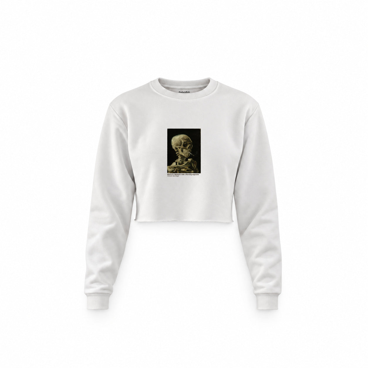 Skull of a Skeleton with Burning Cigarette Crop Sweatshirt — Beyaz — Ön baskı