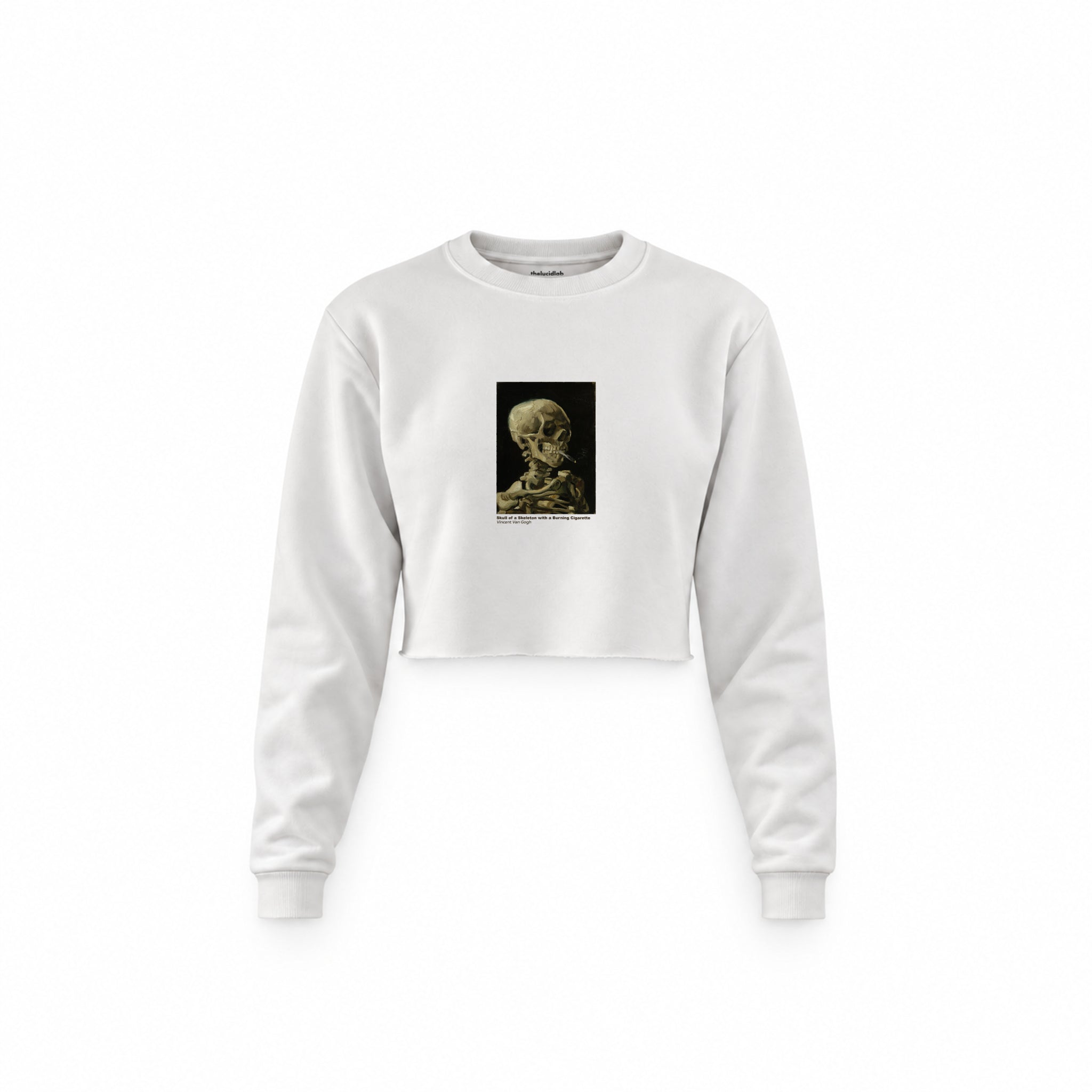 Skull of a Skeleton with Burning Cigarette Crop Sweatshirt — Beyaz — Ön baskı