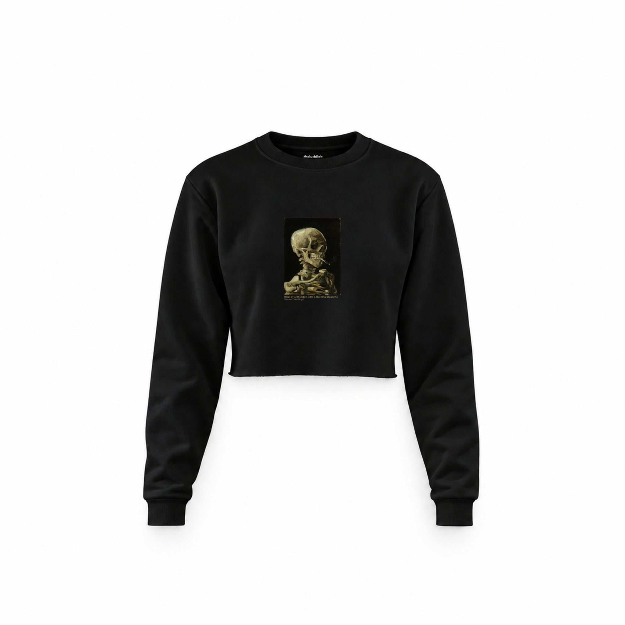 Skull of a Skeleton with Burning Cigarette Crop Sweatshirt — Siyah — Ön baskı