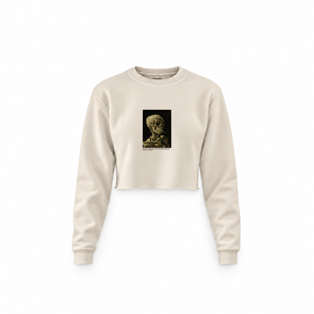 Skull of a Skeleton with Burning Cigarette Crop Sweatshirt — Krem — Ön baskı