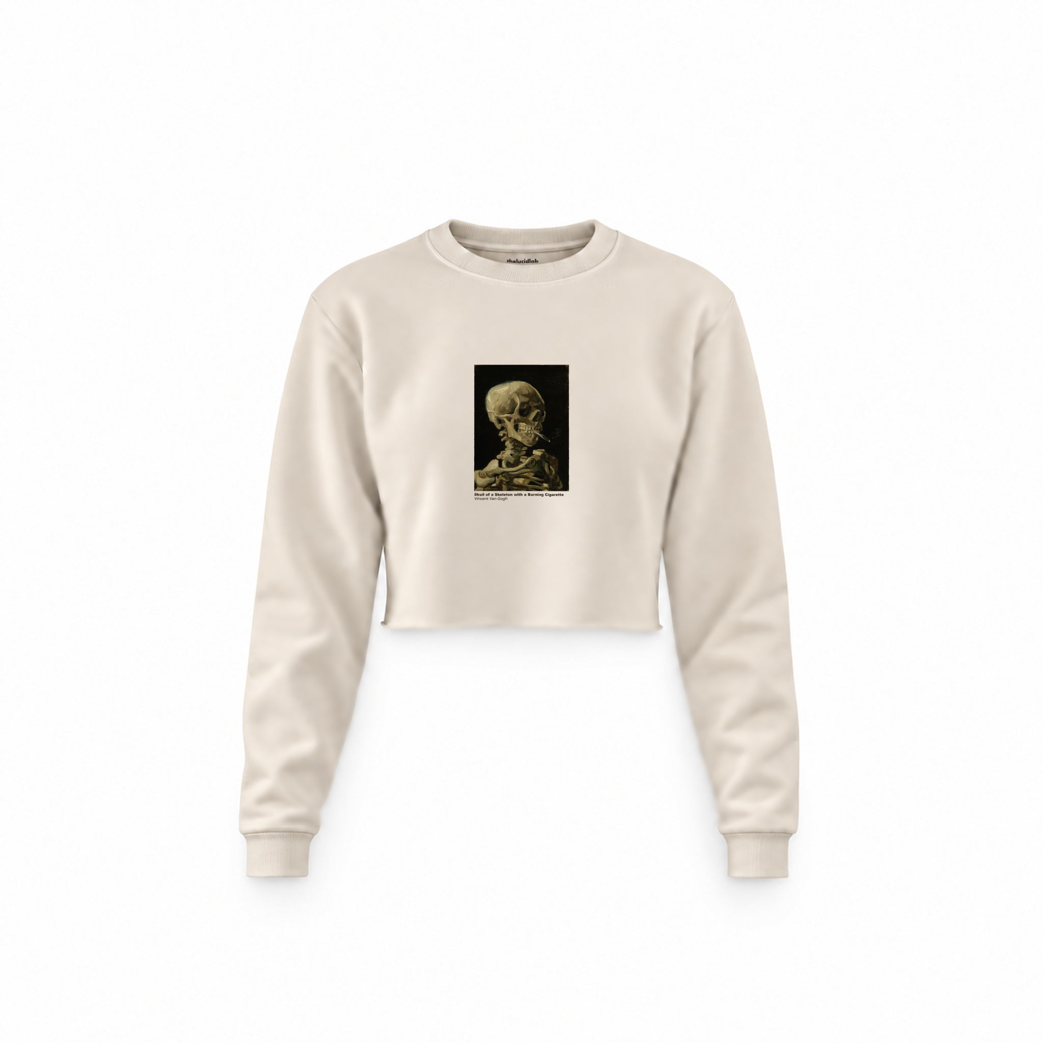 Skull of a Skeleton with Burning Cigarette Crop Sweatshirt — Krem — Ön baskı