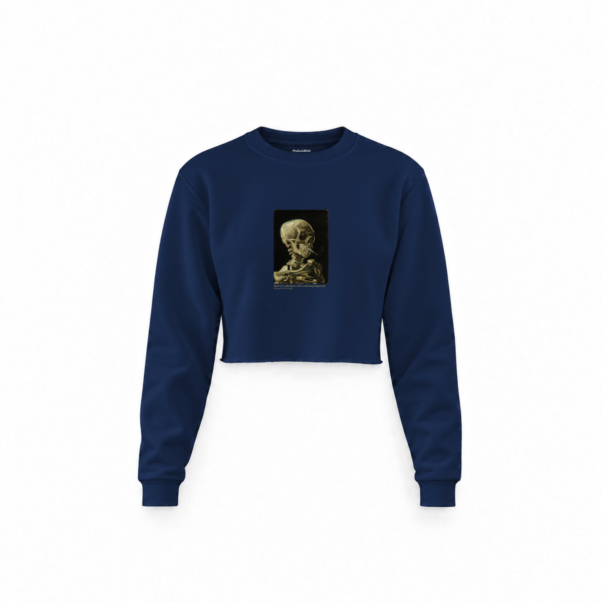 Skull of a Skeleton with Burning Cigarette Crop Sweatshirt — Lacivert — Ön baskı
