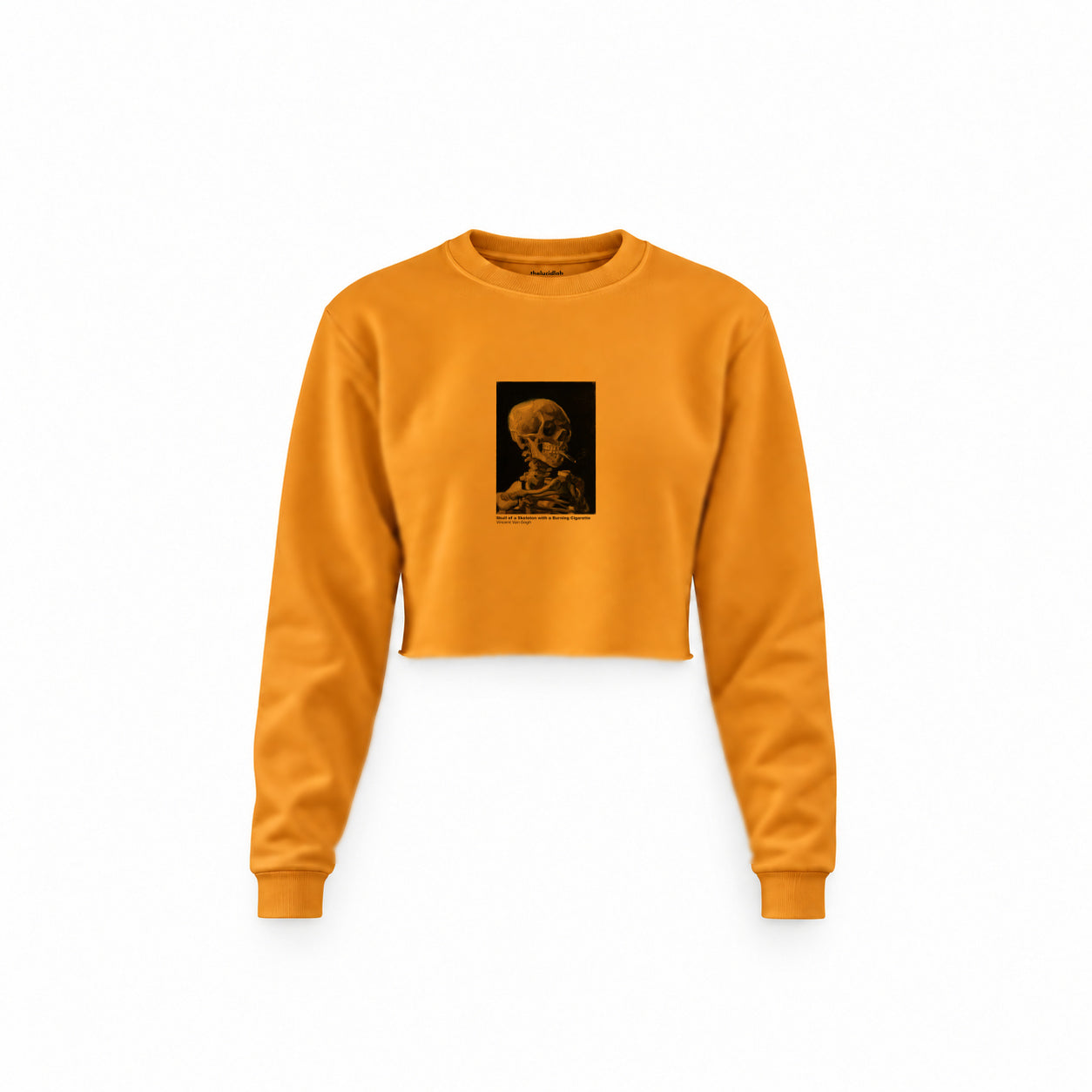 Skull of a Skeleton with Burning Cigarette Crop Sweatshirt — Turuncu — Ön baskı