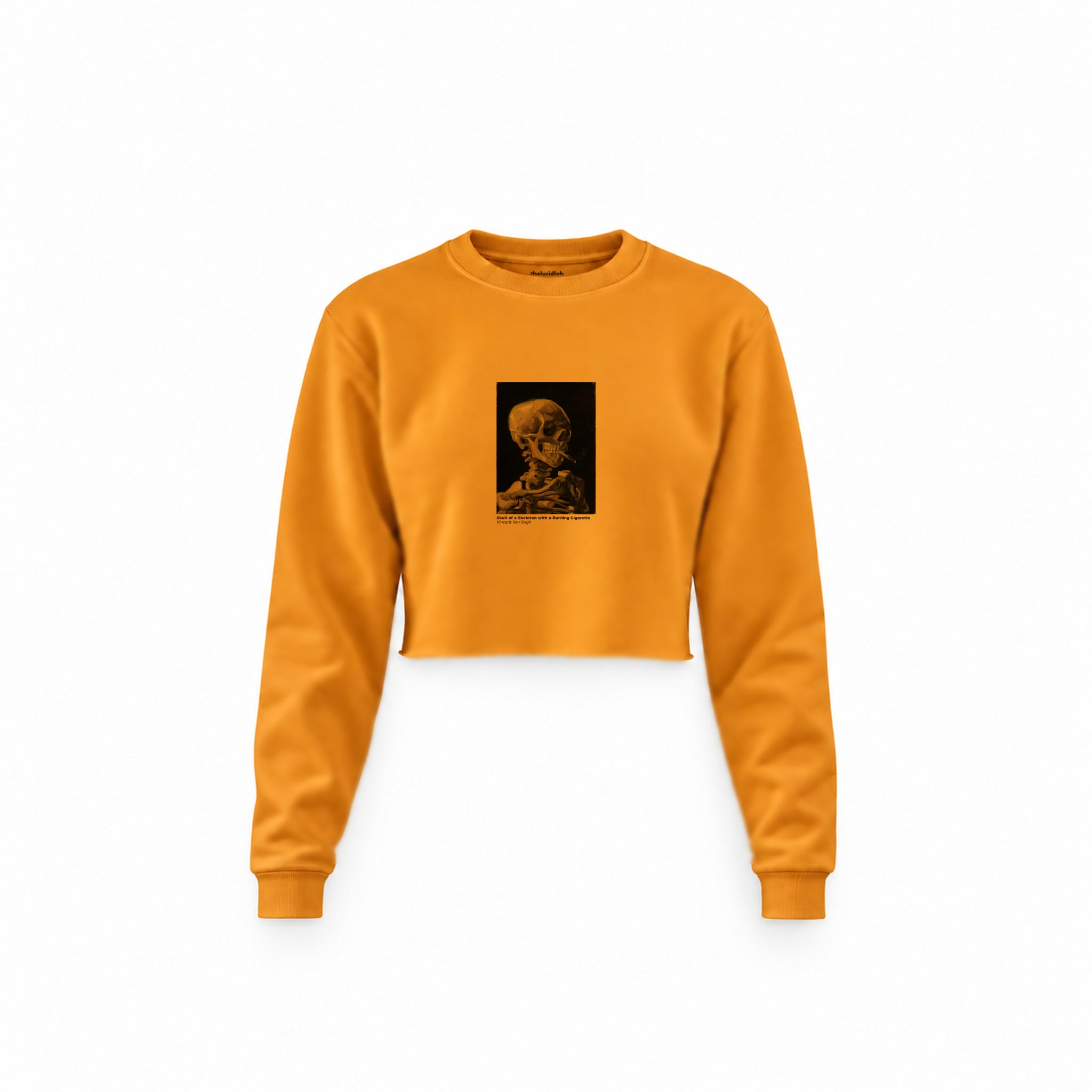 Skull of a Skeleton with Burning Cigarette Crop Sweatshirt — Turuncu — Ön baskı