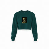 Skull of a Skeleton with Burning Cigarette Crop Sweatshirt — Koyu Yeşil — Ön baskı