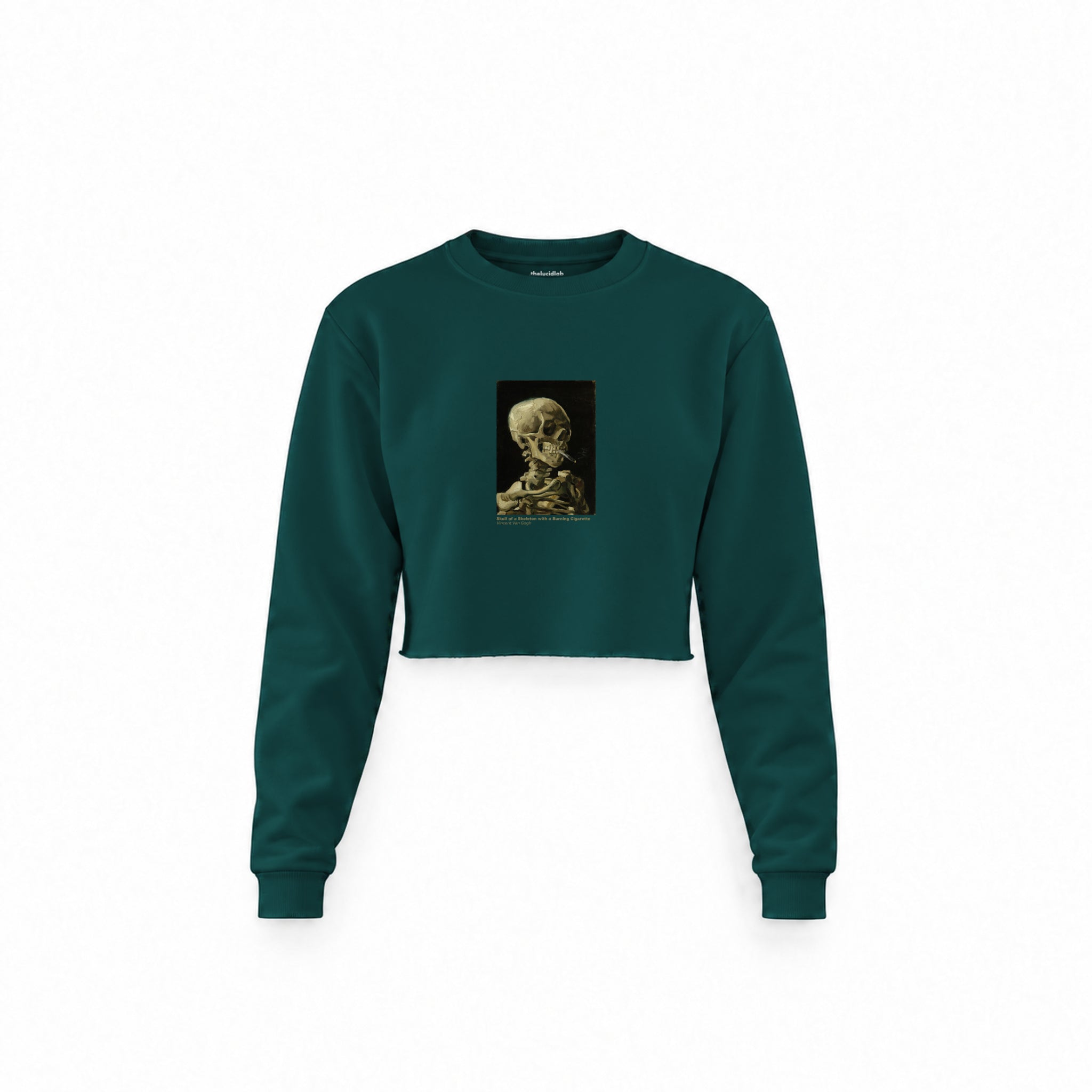 Skull of a Skeleton with Burning Cigarette Crop Sweatshirt — Koyu Yeşil — Ön baskı
