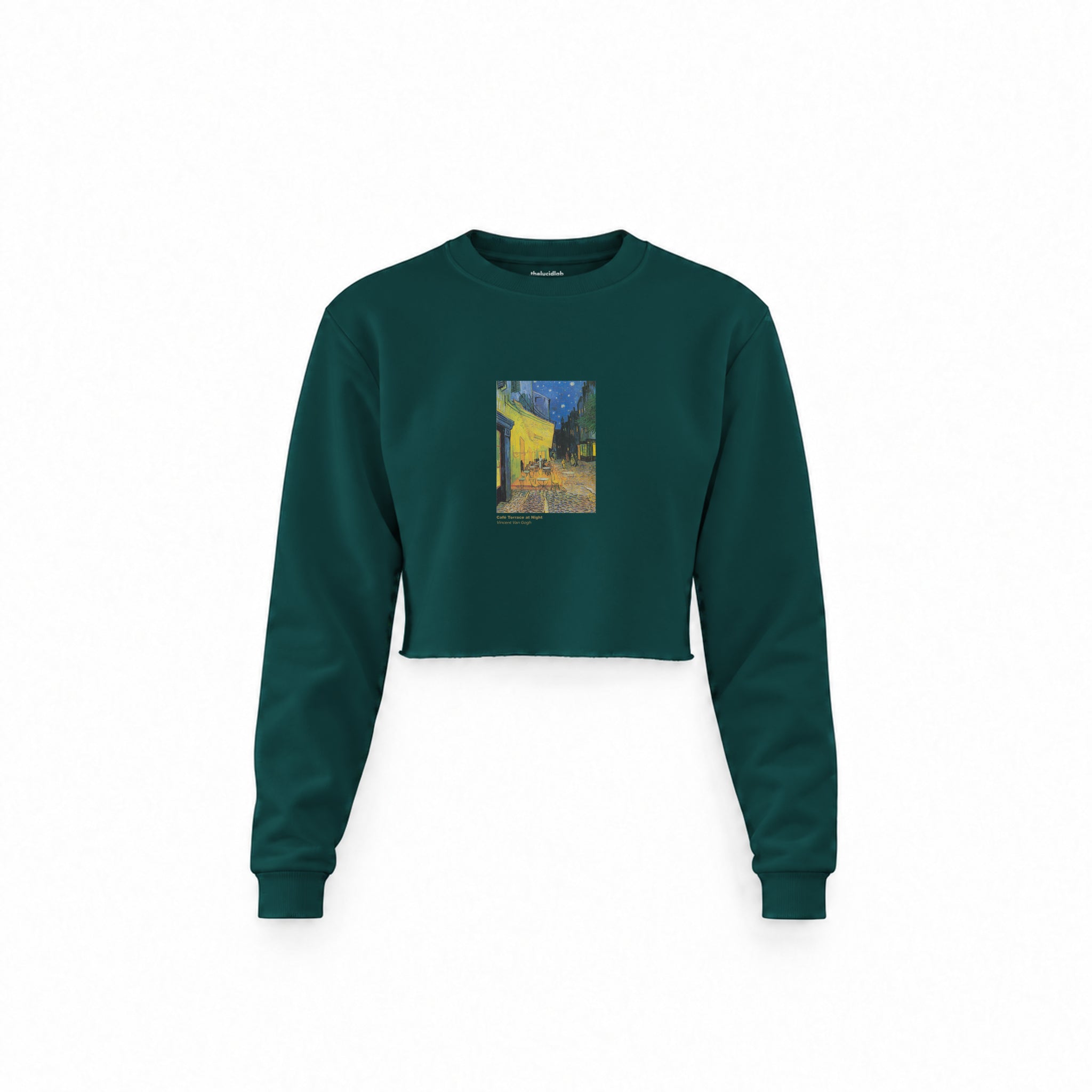Café Terrace at Night Crop Sweatshirt — Koyu Yeşil — Ön baskı