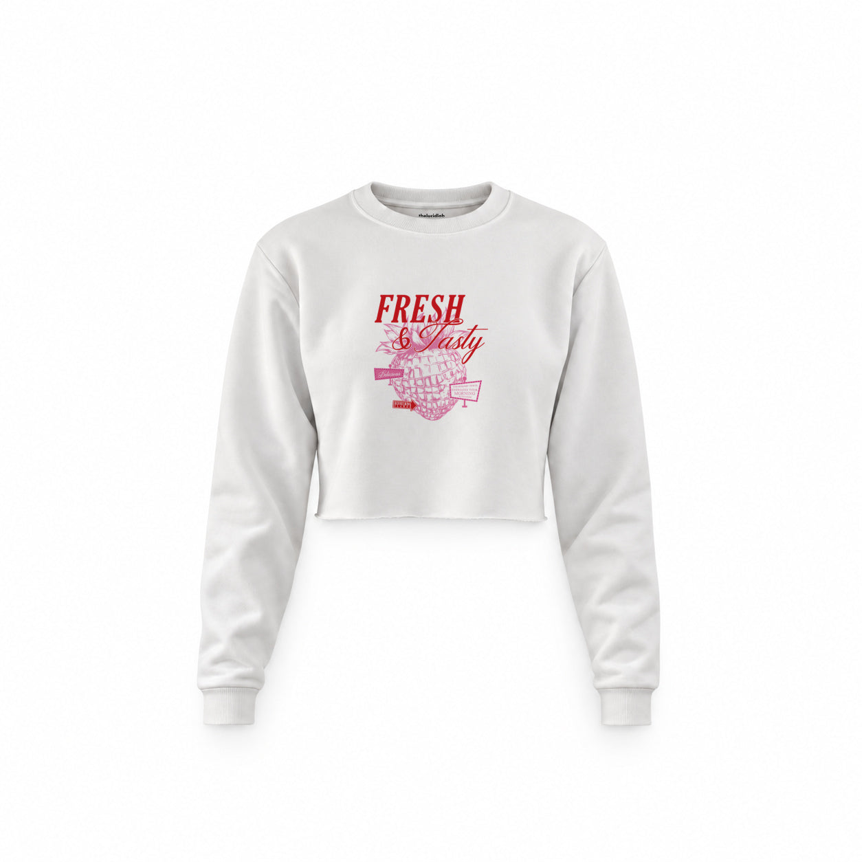 Fresh & Tasty Crop Sweatshirt — Beyaz — Ön baskı