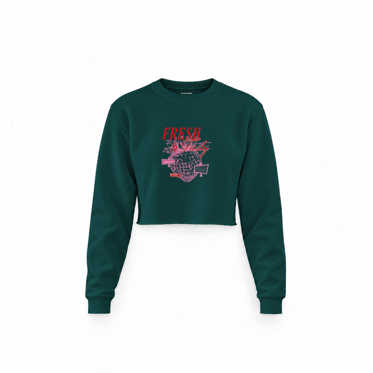 Fresh & Tasty Crop Sweatshirt — Koyu Yeşil — Ön baskı