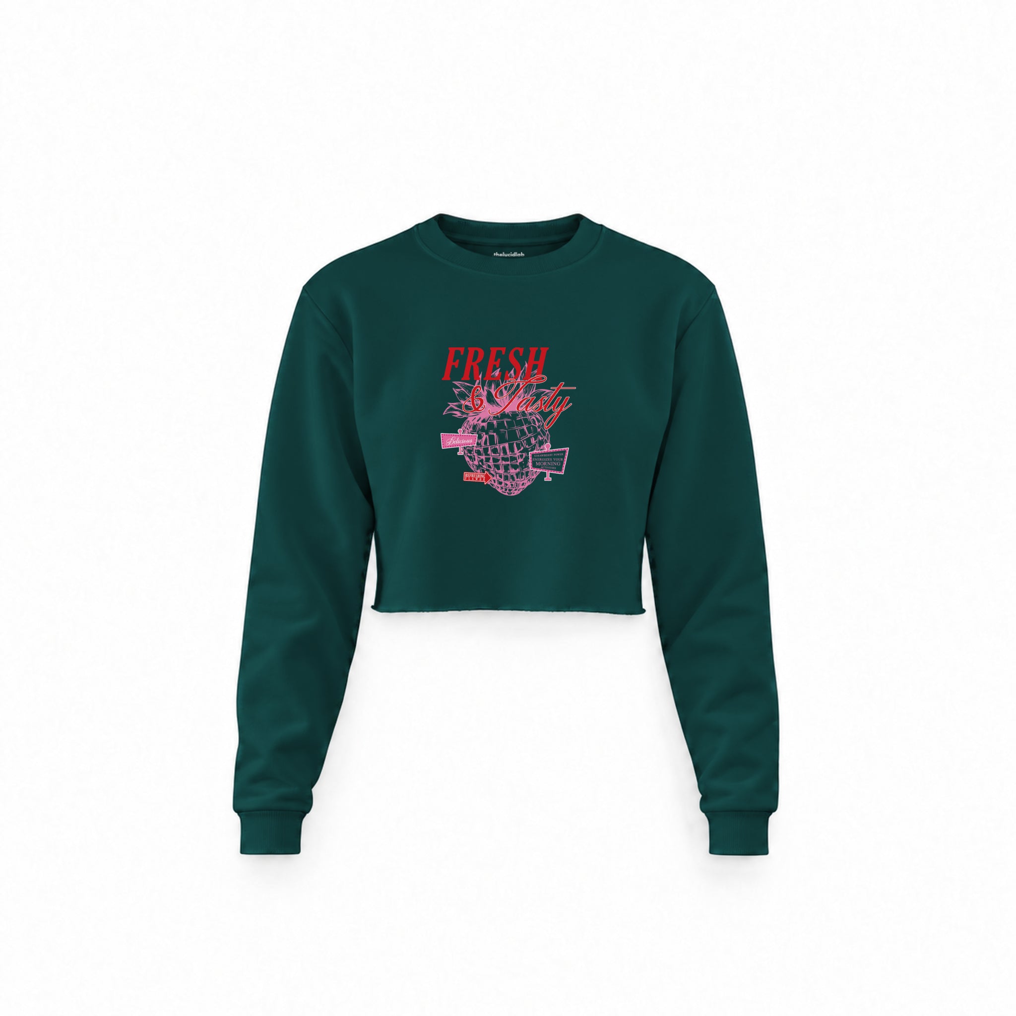 Fresh & Tasty Crop Sweatshirt — Koyu Yeşil — Ön baskı