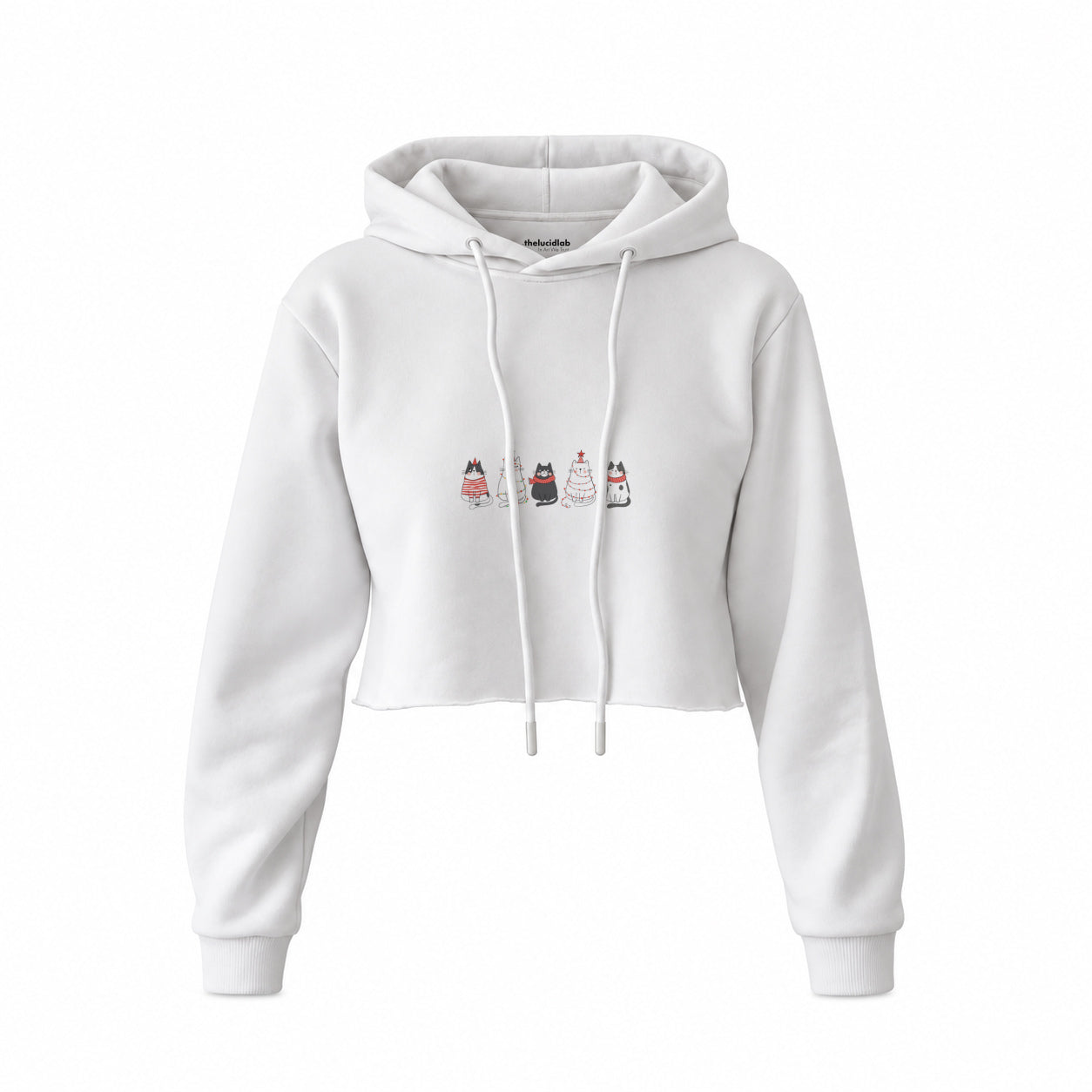 Christmas Kitty Parade Crop Hoodie — Beyaz — Ön baskı