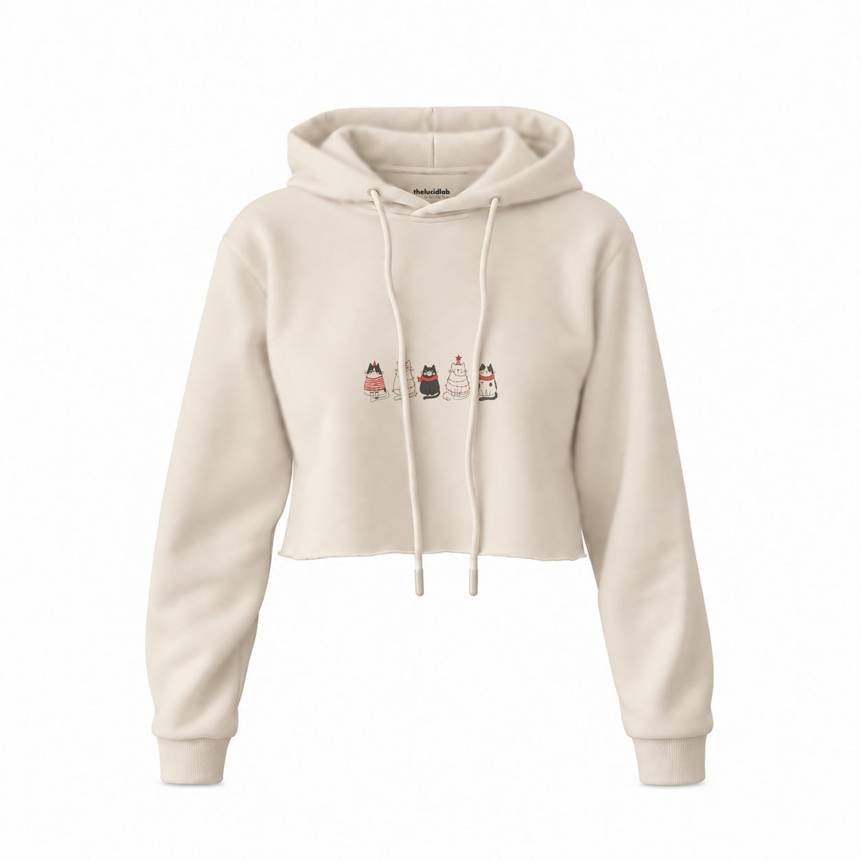 Christmas Kitty Parade Crop Hoodie — Krem — Ön baskı