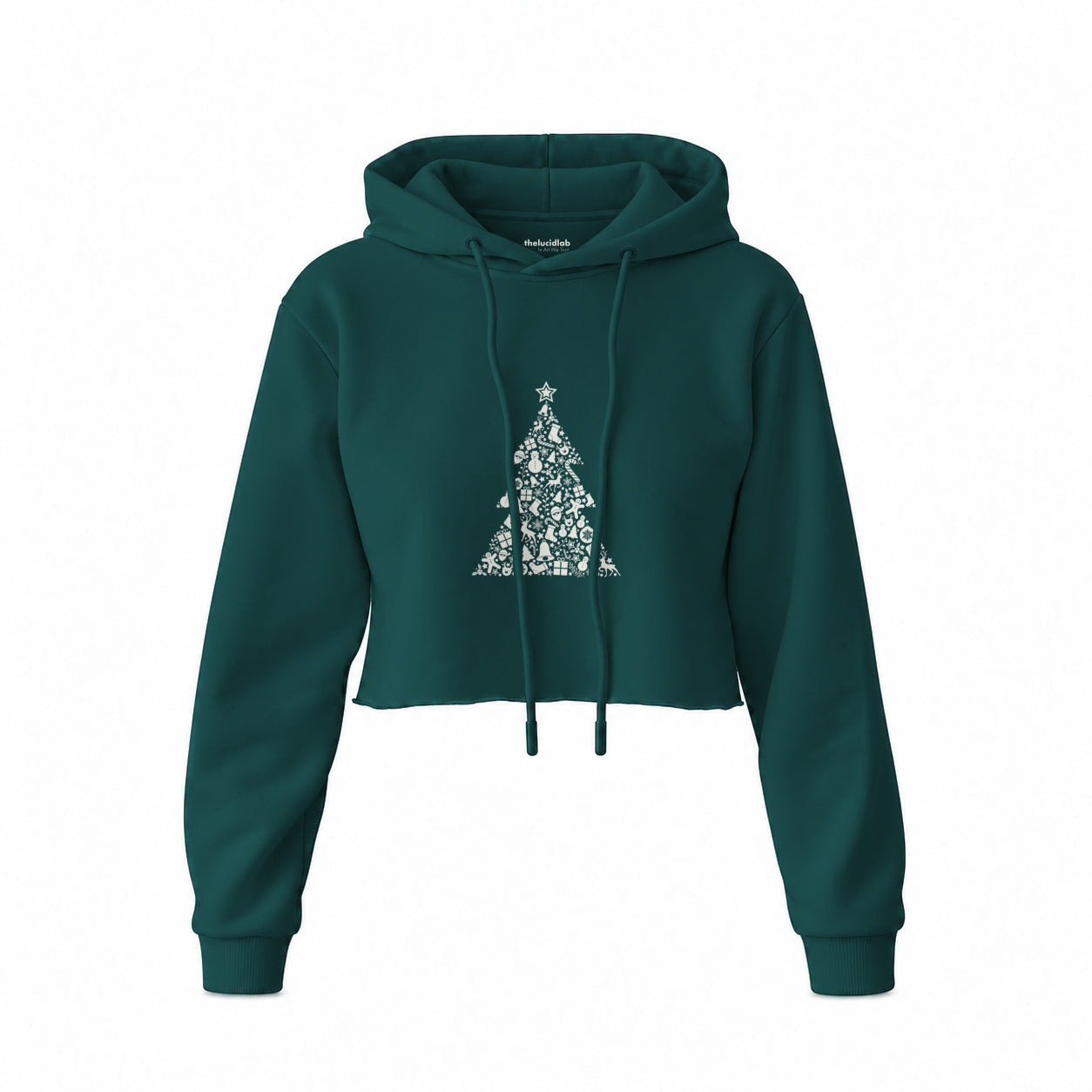 Iconic Christmas Tree Crop Hoodie — Koyu Yeşil — Ön baskı