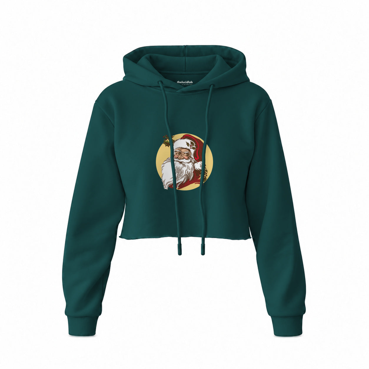 Vintage Santa Portrait Crop Hoodie — Koyu Yeşil — Ön baskı