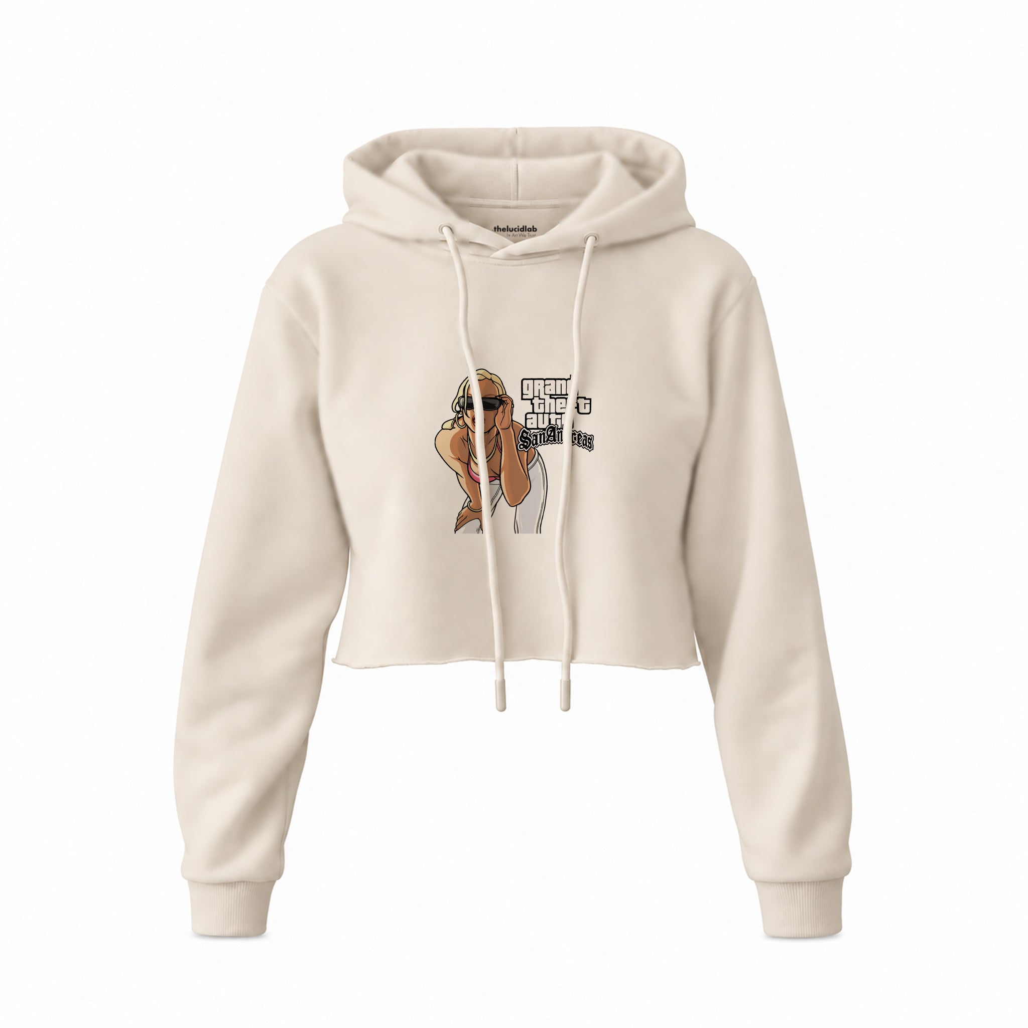 GTA San Andreas Crop Hoodie — Krem — Ön baskı