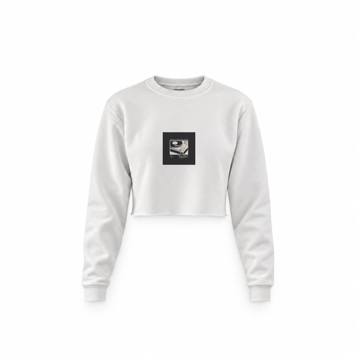 Vinyl Dreams Crop Sweatshirt — Beyaz — Ön baskı