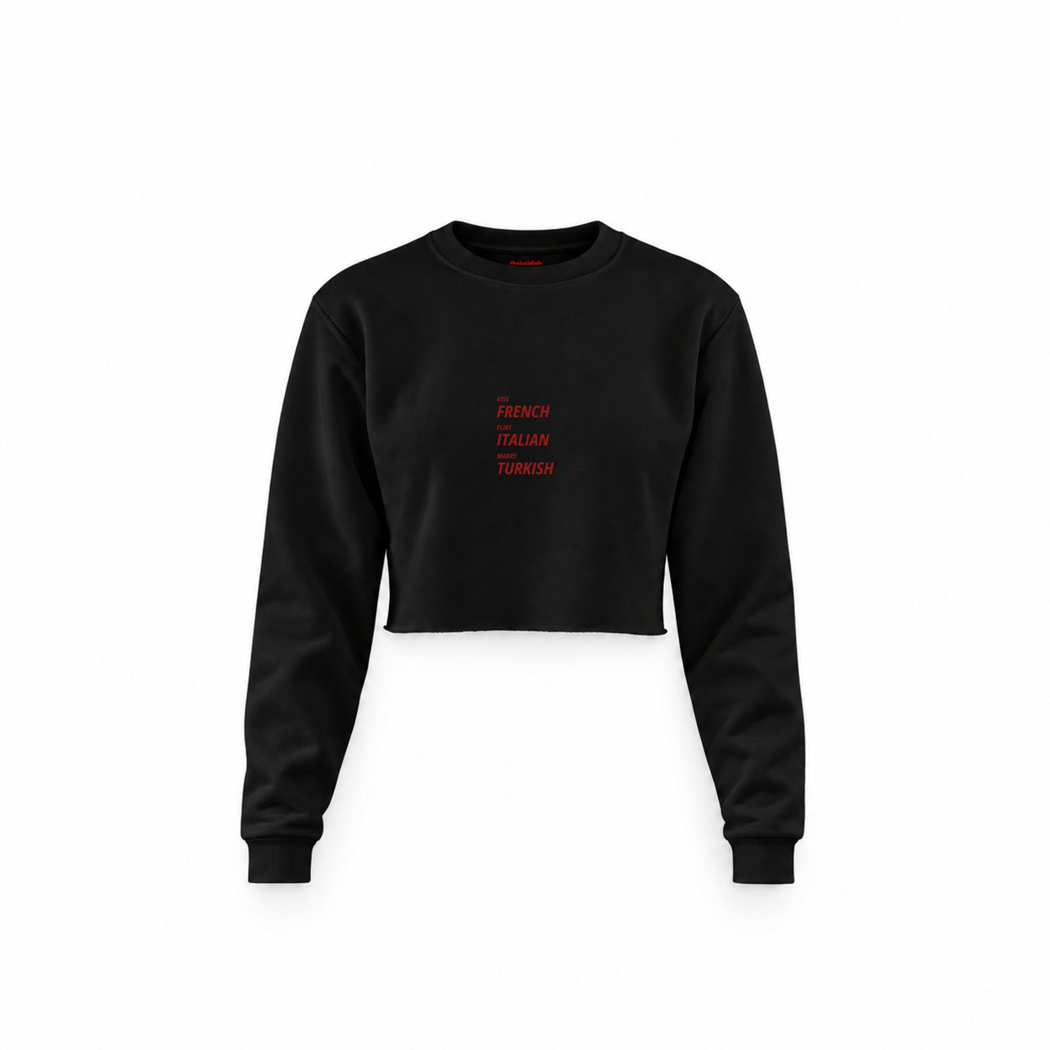 Kiss Flirt Marry Crop Sweatshirt — Siyah — Ön baskı