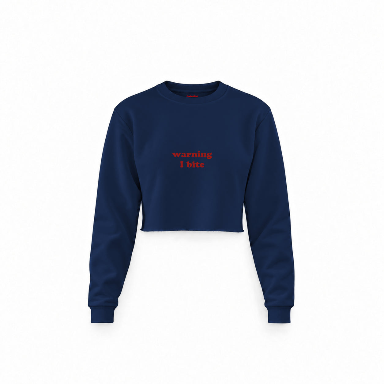 Warning I Bite Crop Sweatshirt — Lacivert — Ön baskı