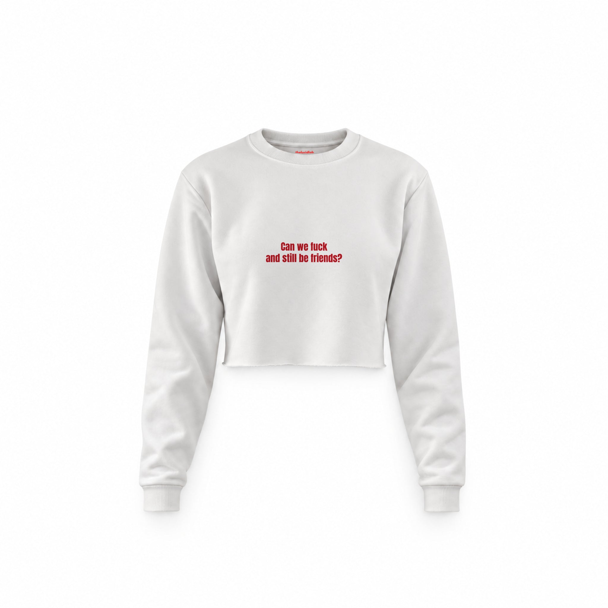 Can We Fuck Crop Sweatshirt — Beyaz — Ön baskı
