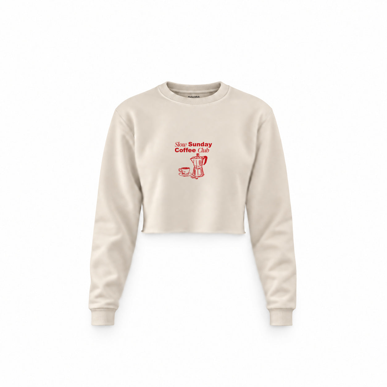 Slow Sunday Coffee Club Crop Sweatshirt — Krem — Ön baskı