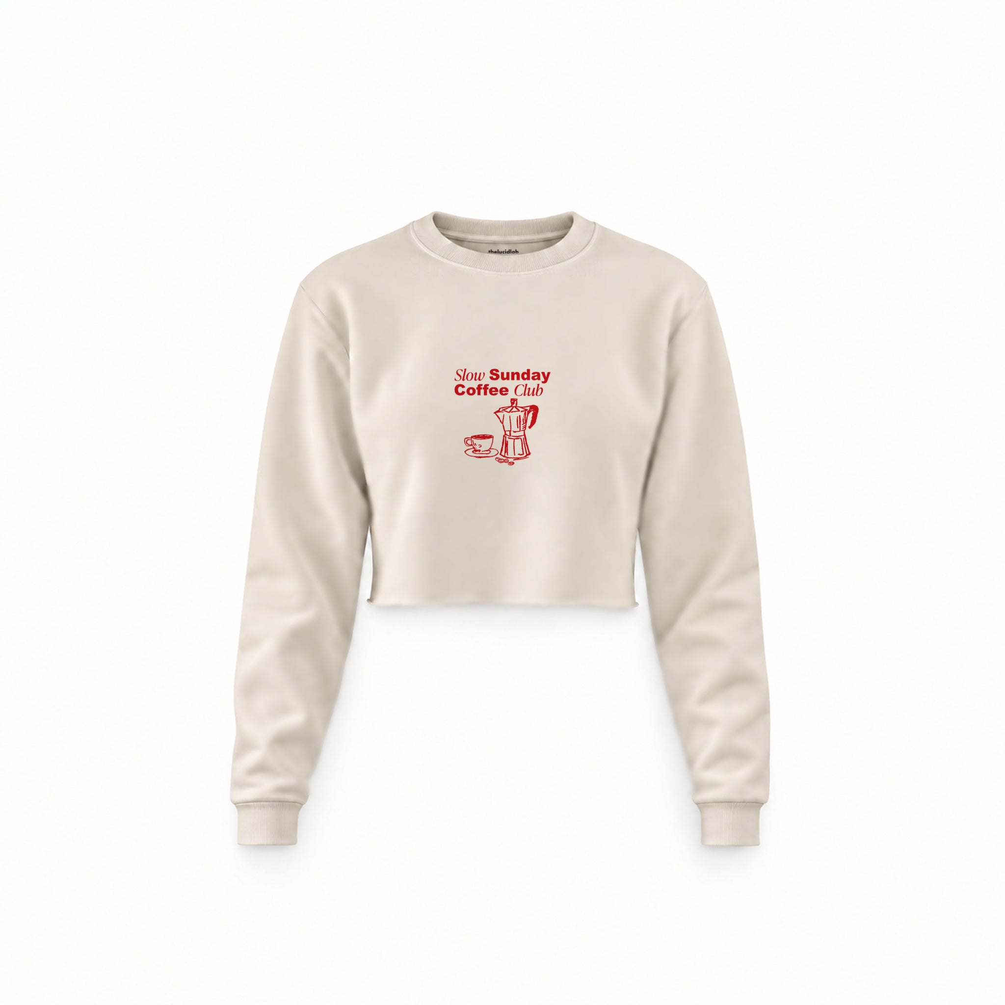 Slow Sunday Coffee Club Crop Sweatshirt — Krem — Ön baskı