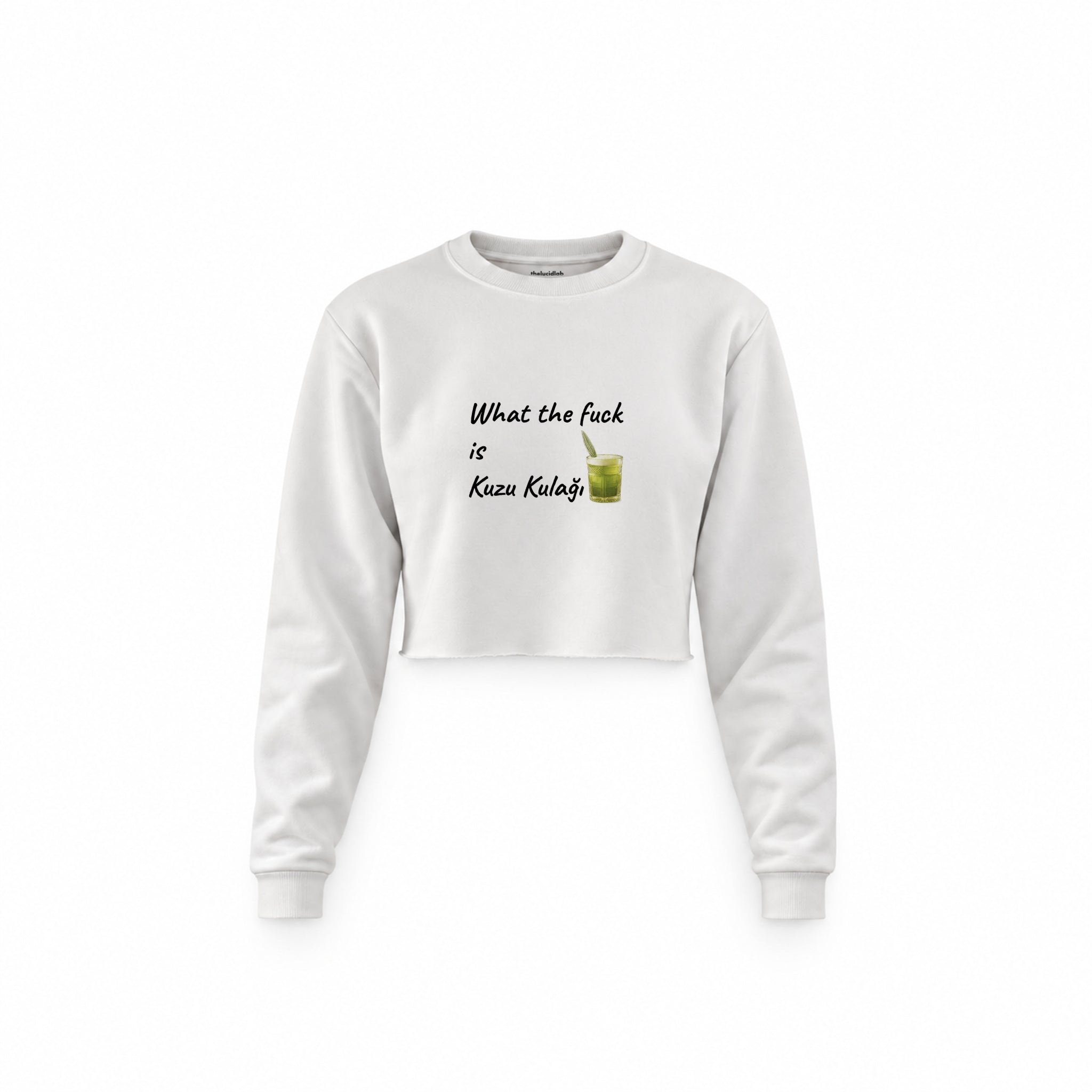What The Fuck Is Kuzu Kulağı Crop Sweatshirt — Beyaz — Ön baskı