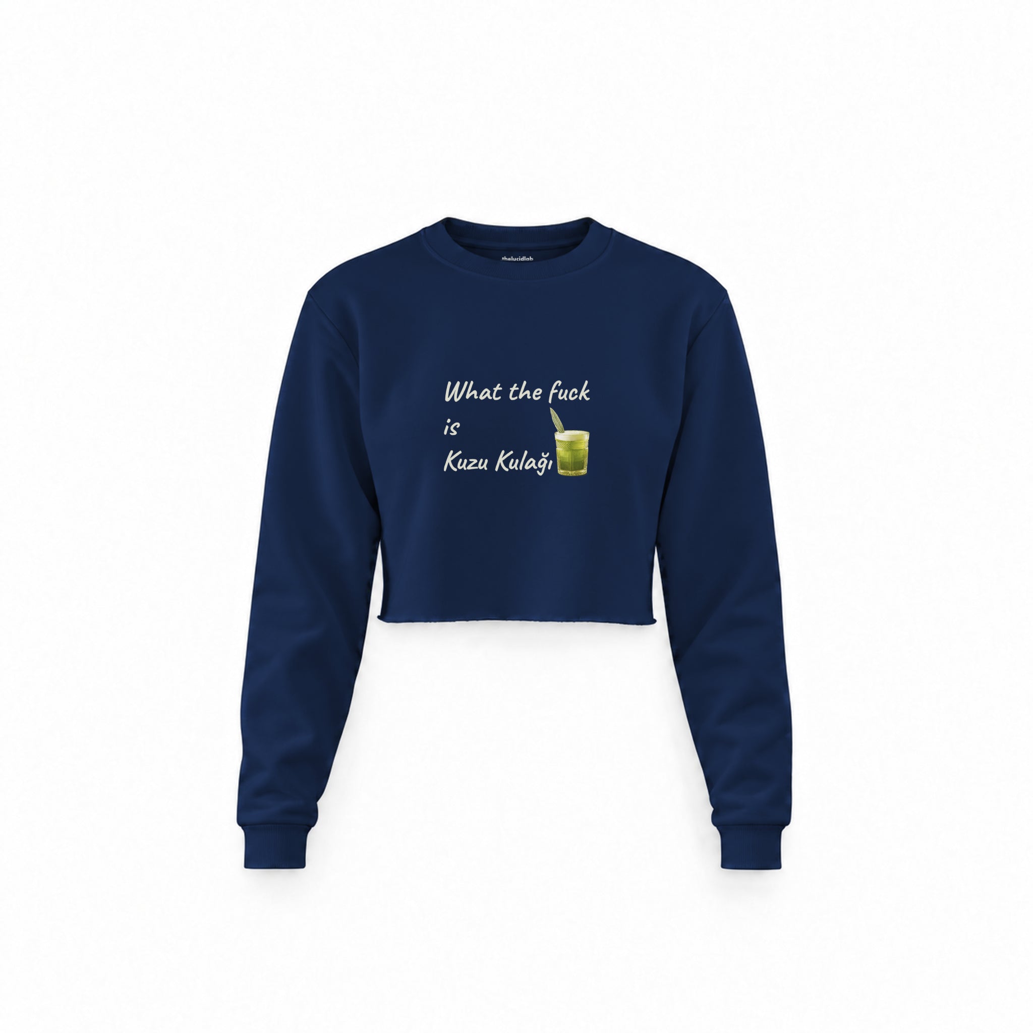 What The Fuck Is Kuzu Kulağı Crop Sweatshirt — Lacivert — Ön baskı