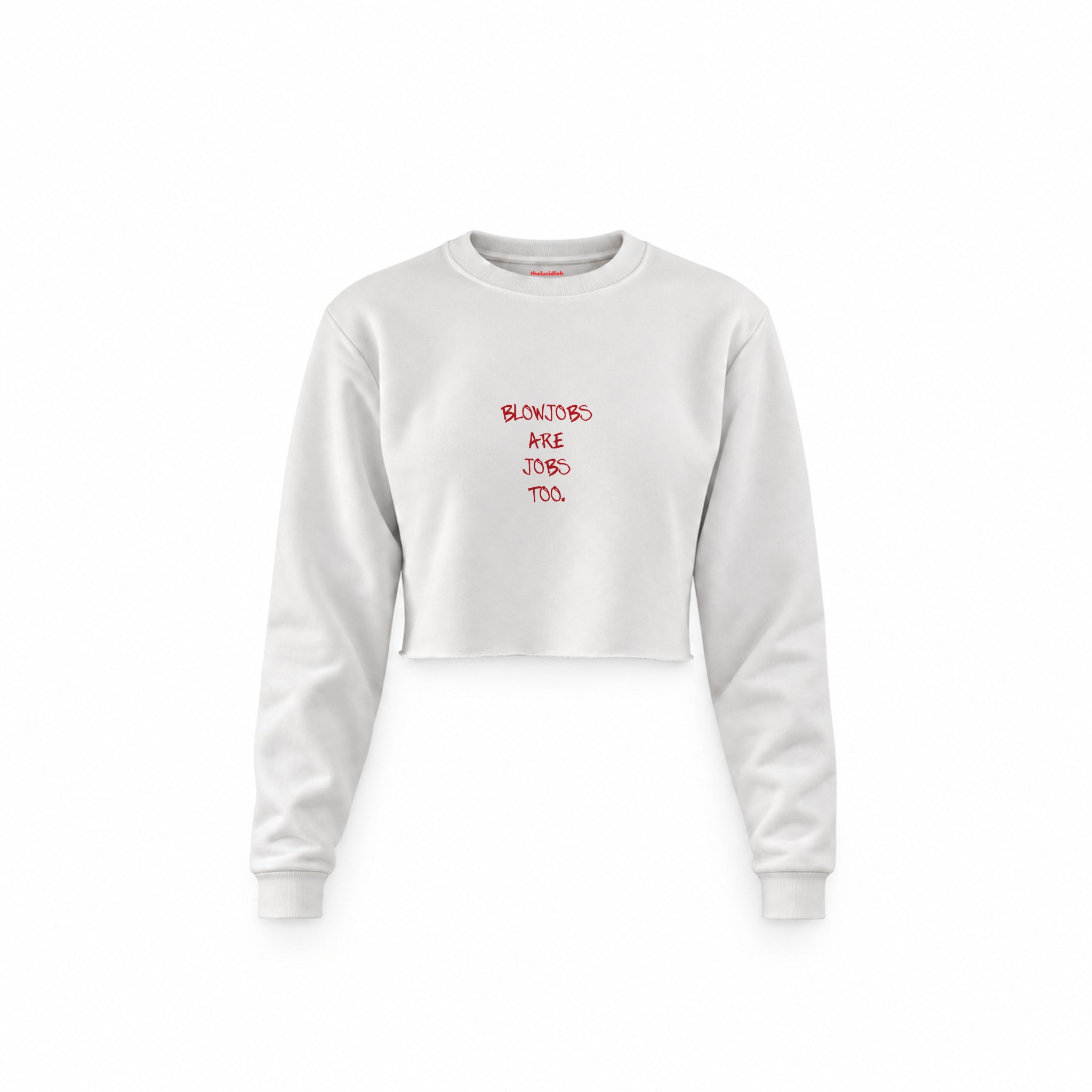 Jobs Too Crop Sweatshirt — Beyaz — Ön baskı