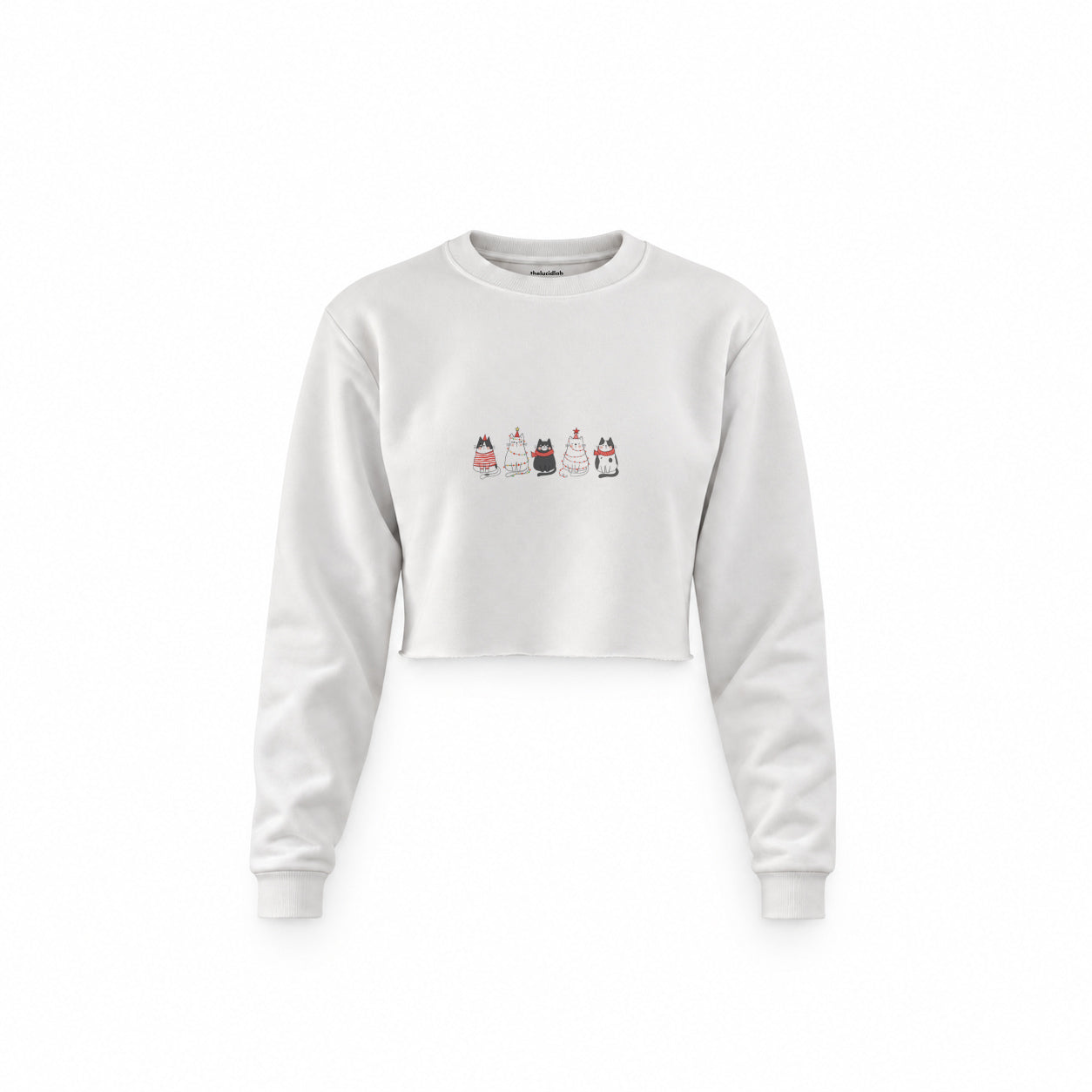 Christmas Kitty Parade Crop Sweatshirt — Beyaz — Ön baskı