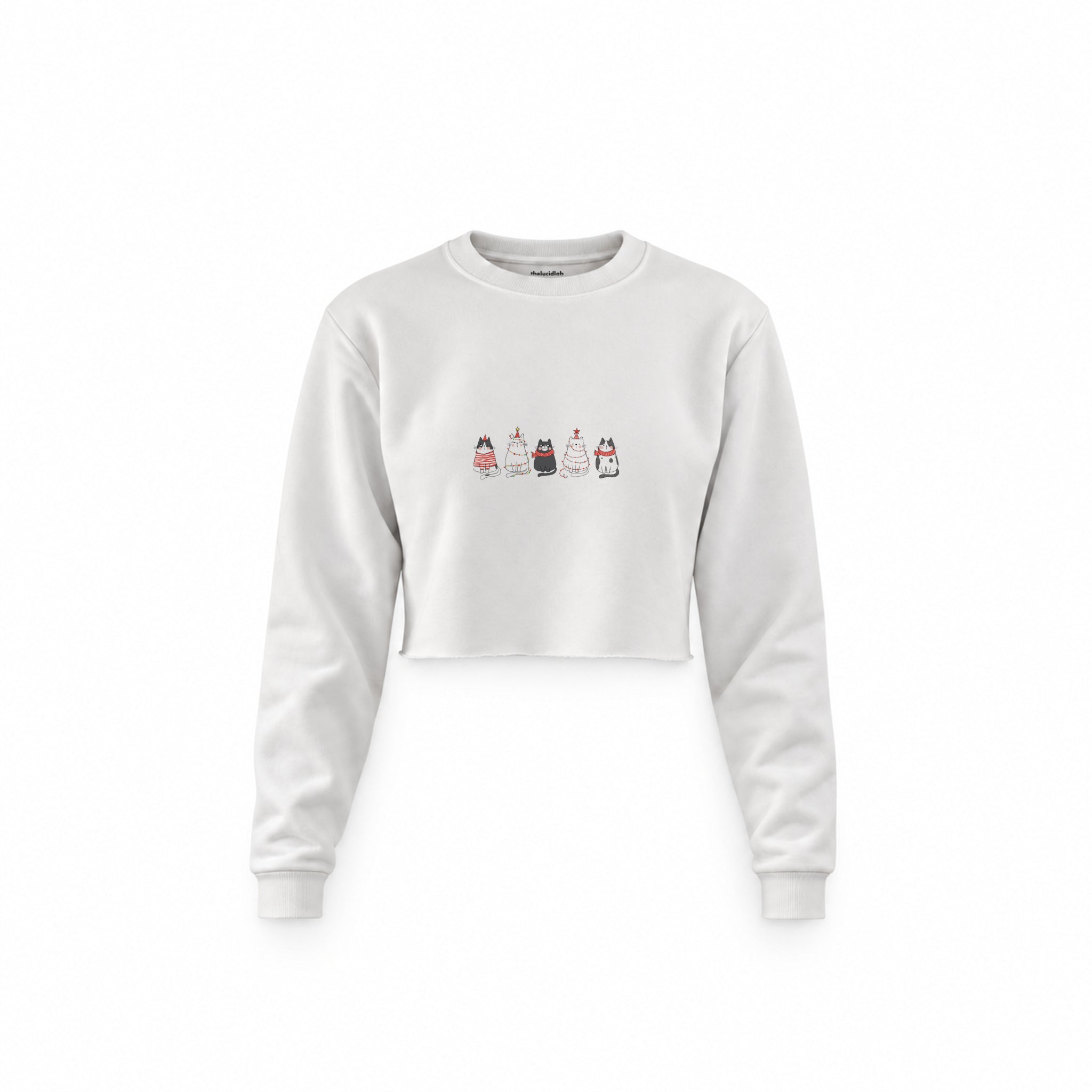 Christmas Kitty Parade Crop Sweatshirt — Beyaz — Ön baskı