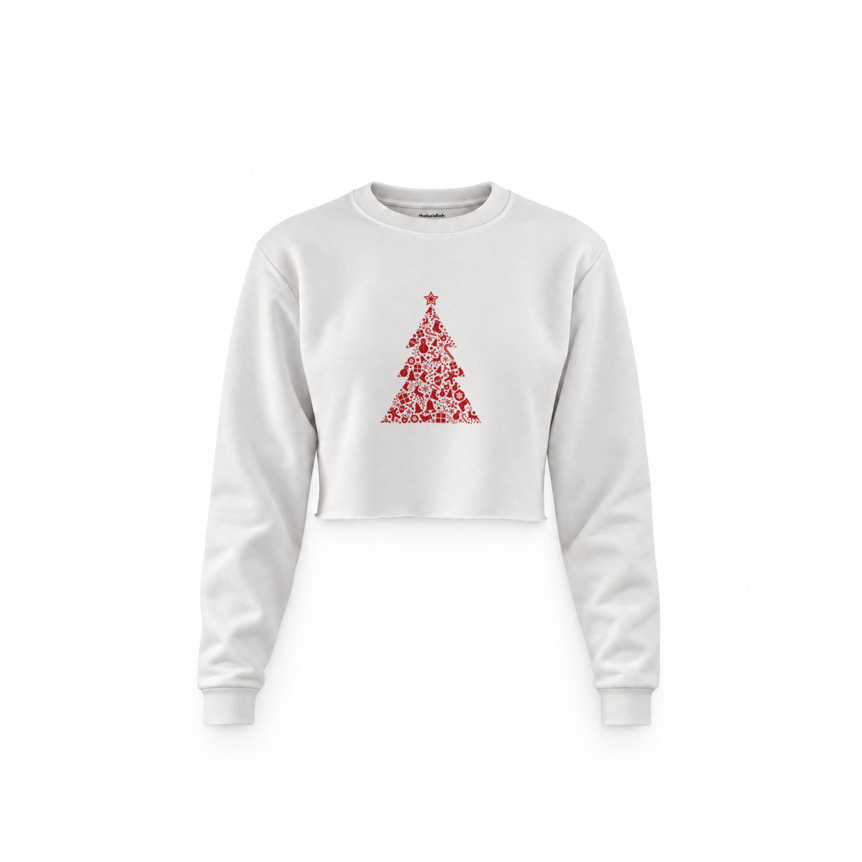 Iconic Christmas Tree Crop Sweatshirt — Beyaz — Ön baskı