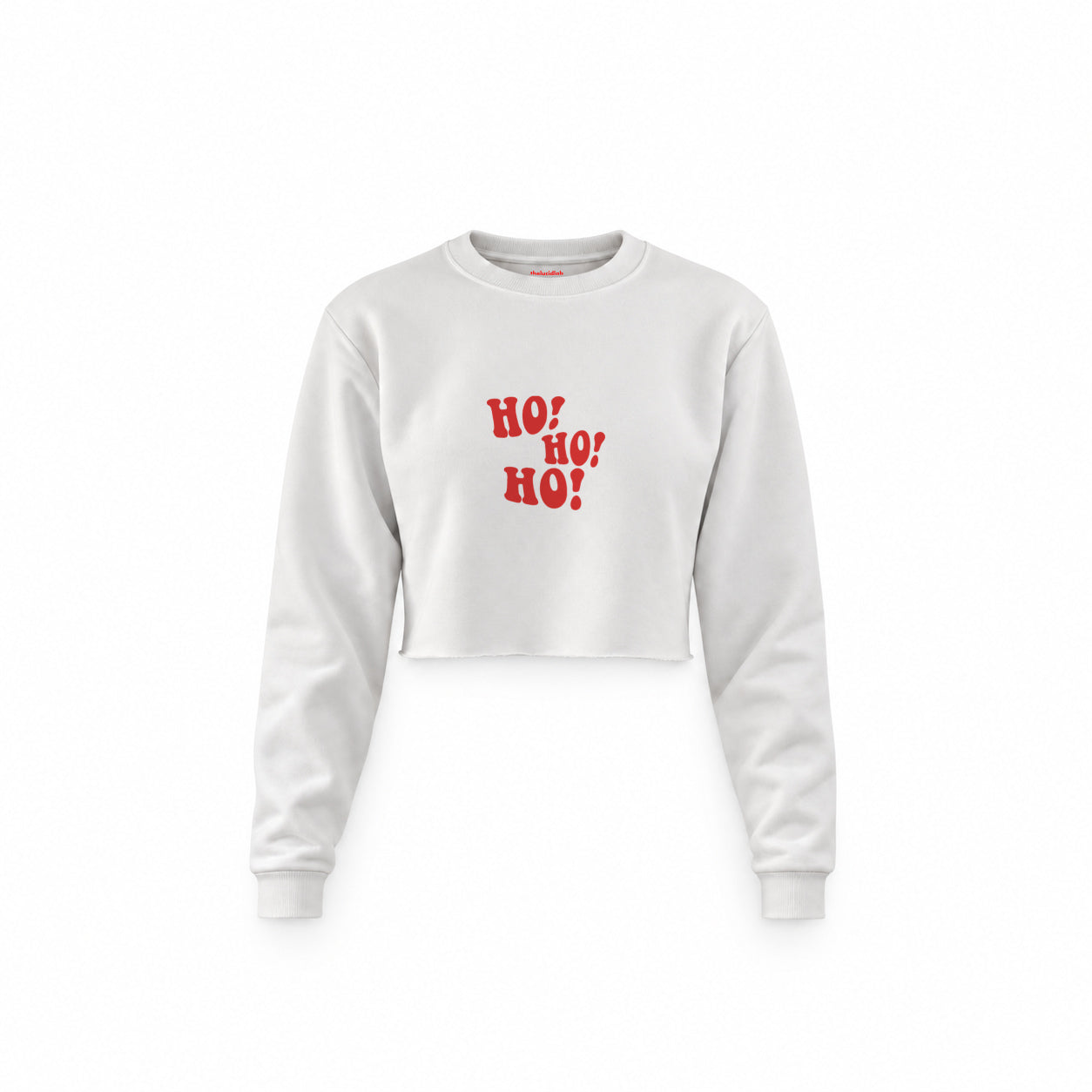 Ho Ho Ho Crop Sweatshirt — Beyaz — Ön baskı